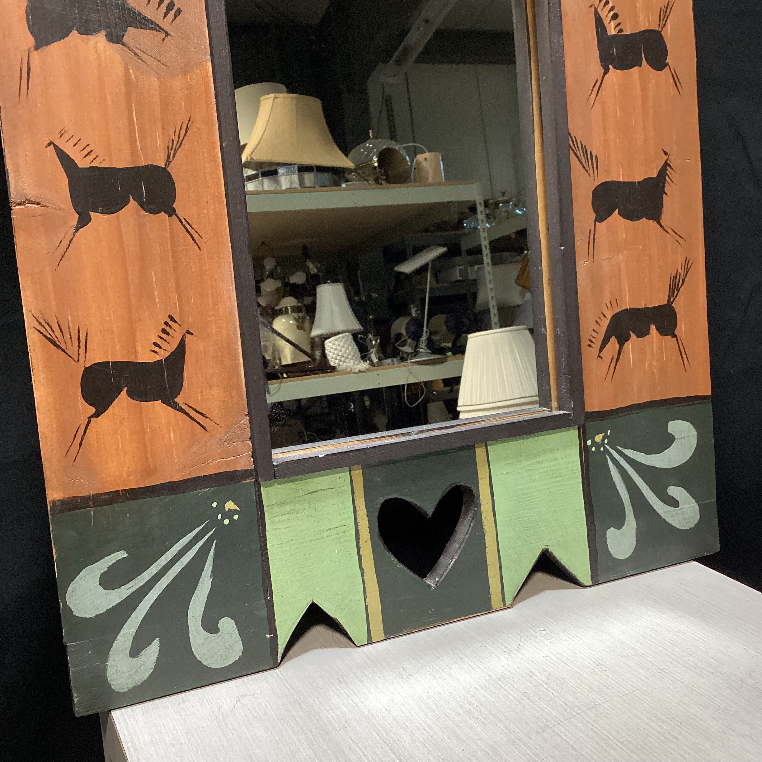 Hand-Painted Folk Art Wall Mirror With Carved Hearts 22" x 28"