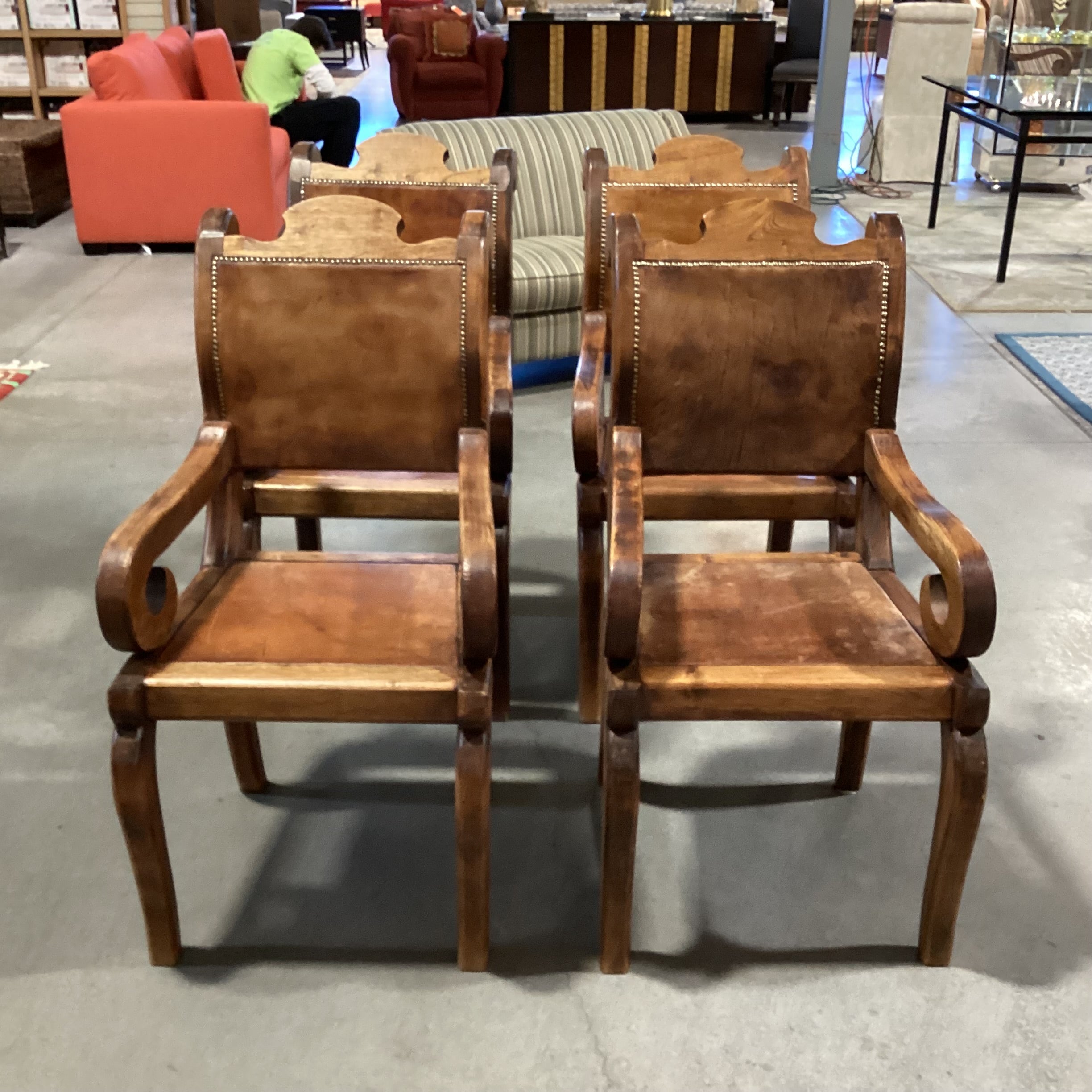 SET of 4 Rustic Distressed Carved Wood & Leather Nailhead Scroll Arm Dining Chairs 22"x 28"x 41"