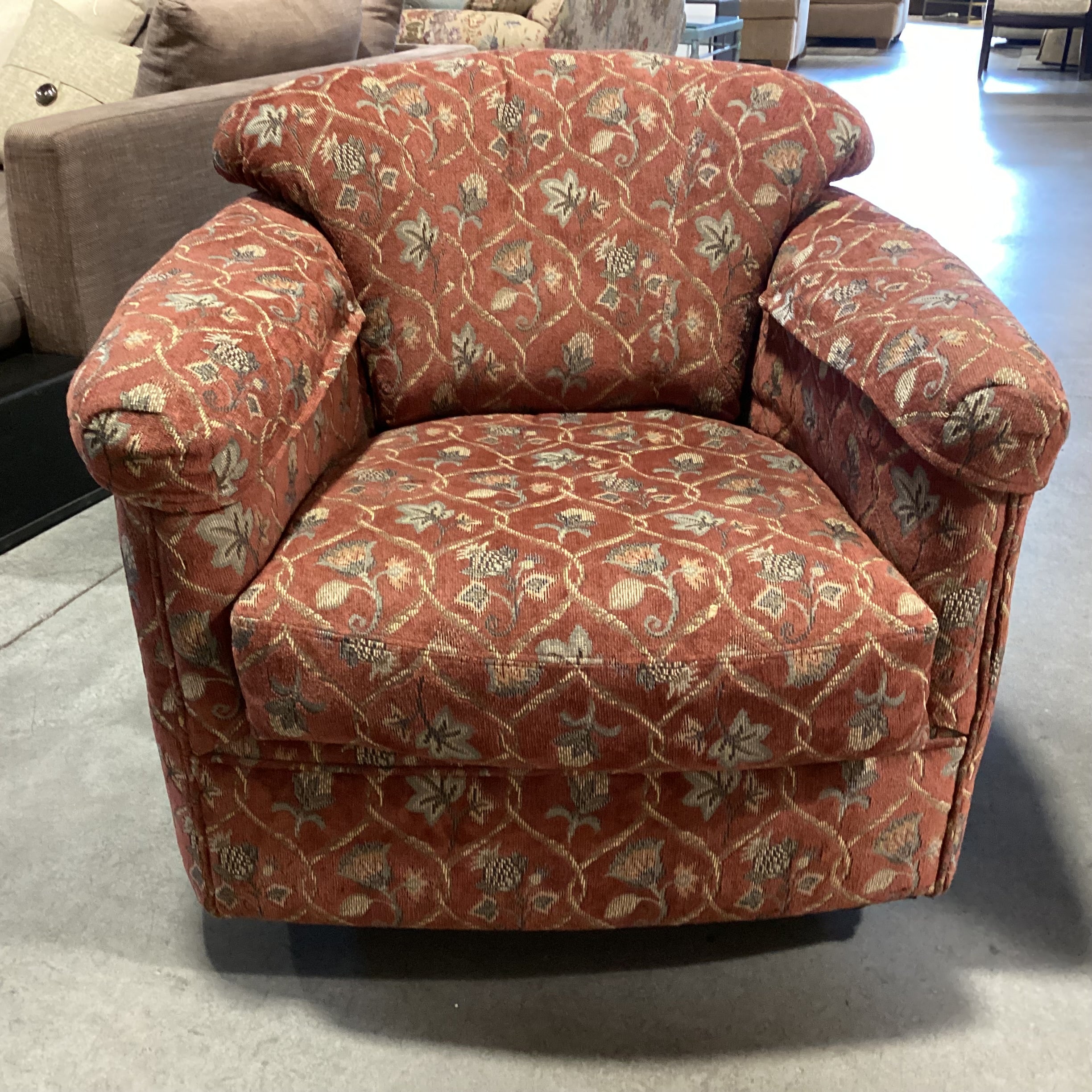 Flexsteel Rust & Sage Leaf Floral Swivel Rock Barrel Chair 33"x 33"x 31"