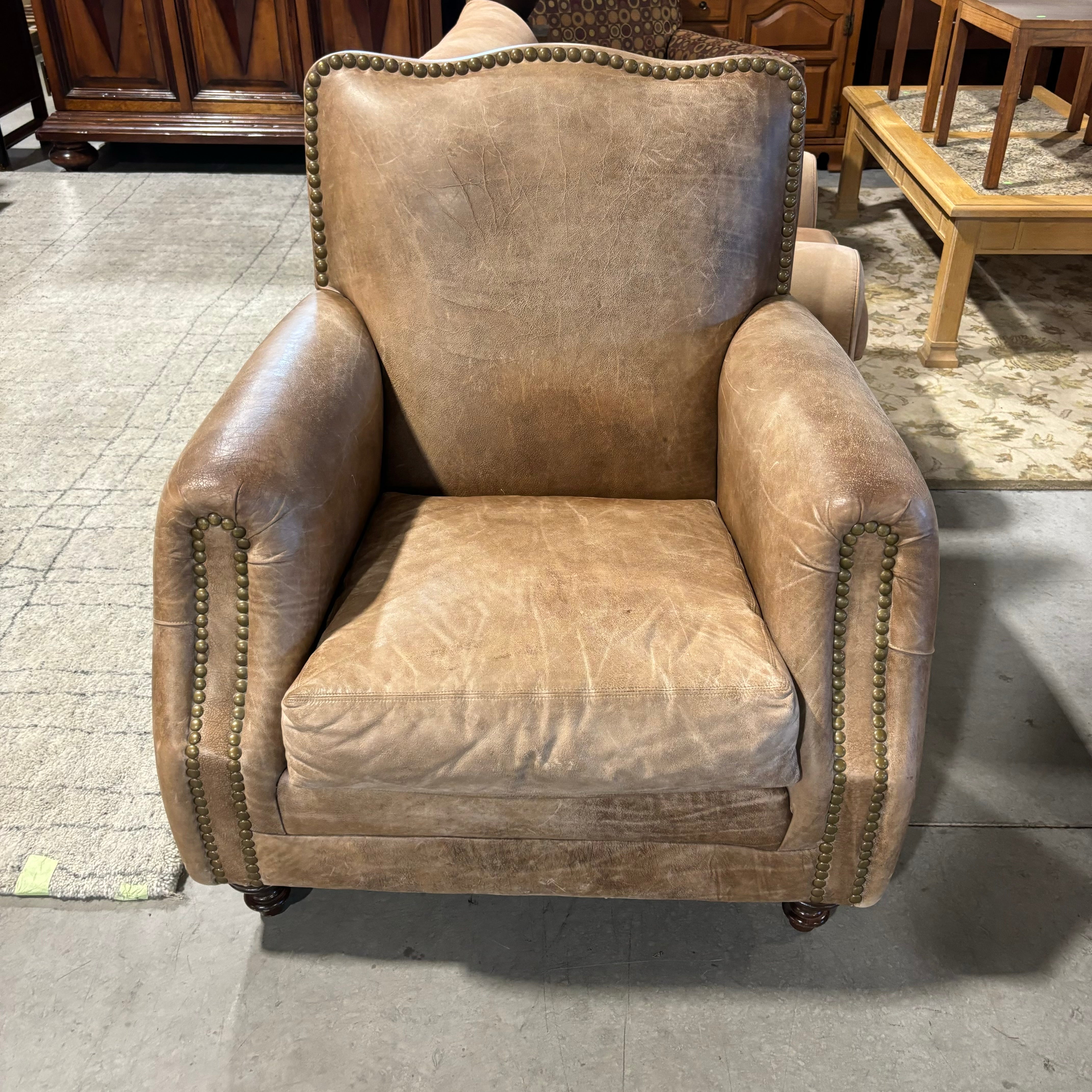 Expressions Furniture Leather Nailhead with Wood Feet Lounge Chair 38"x 36"x 40"
