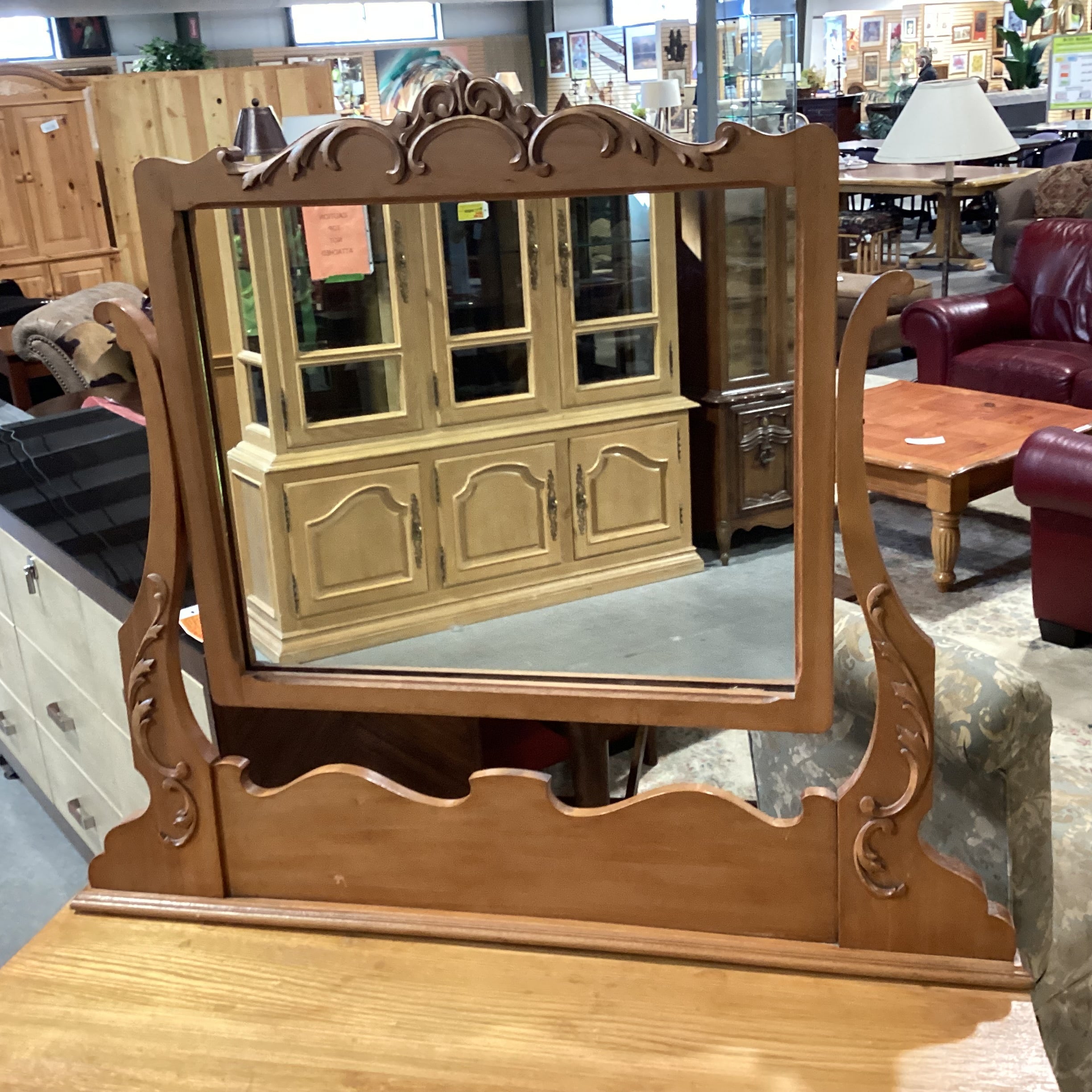 Antique Carved Wood 4 Drawer with Mirror Light Wood Finish Chest 43"x 21"x 67"