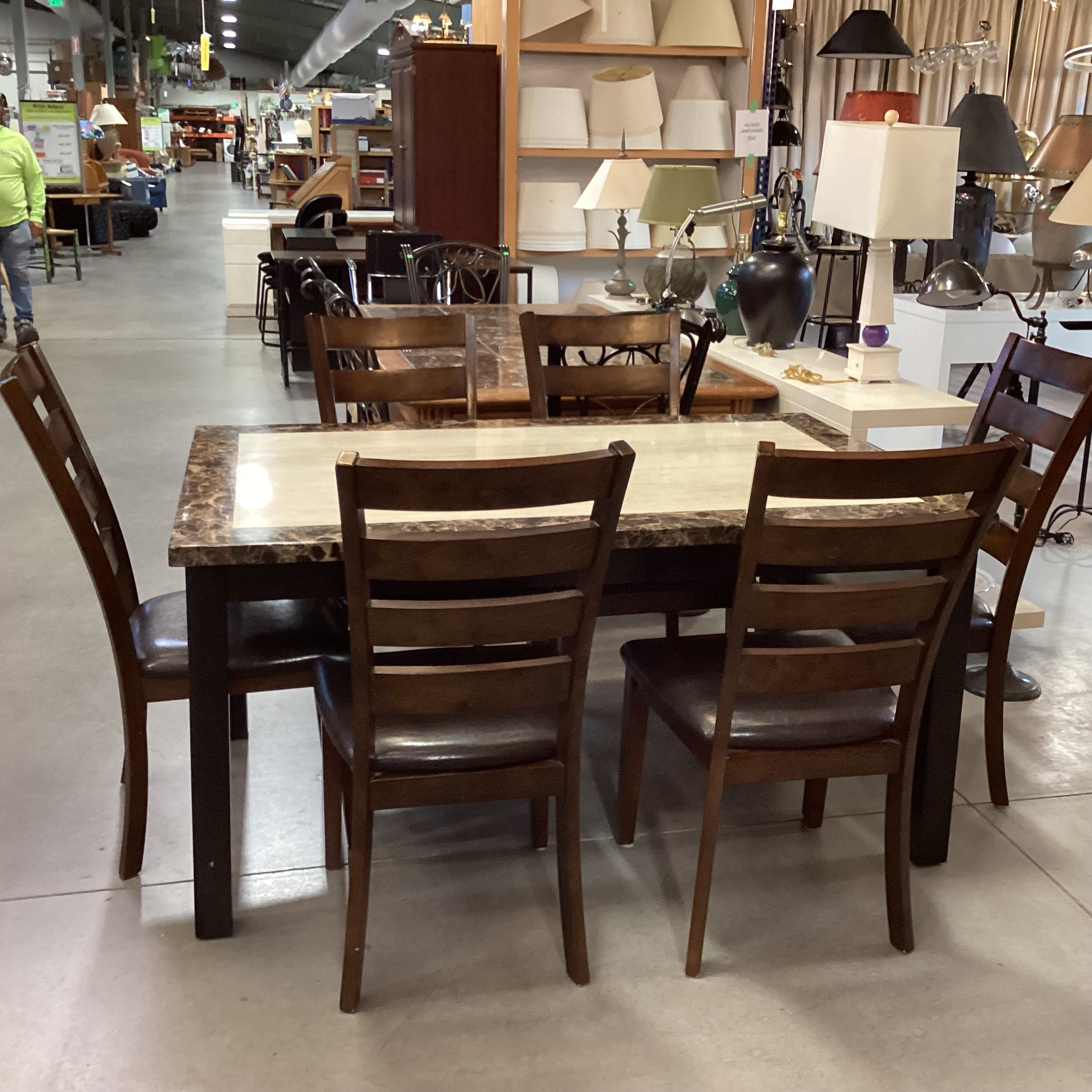Dark Finish Wood & Faux Marble Table with 6 Faux Leather & Wood Chairs Dining Set 60"x 38"x 30.5"
