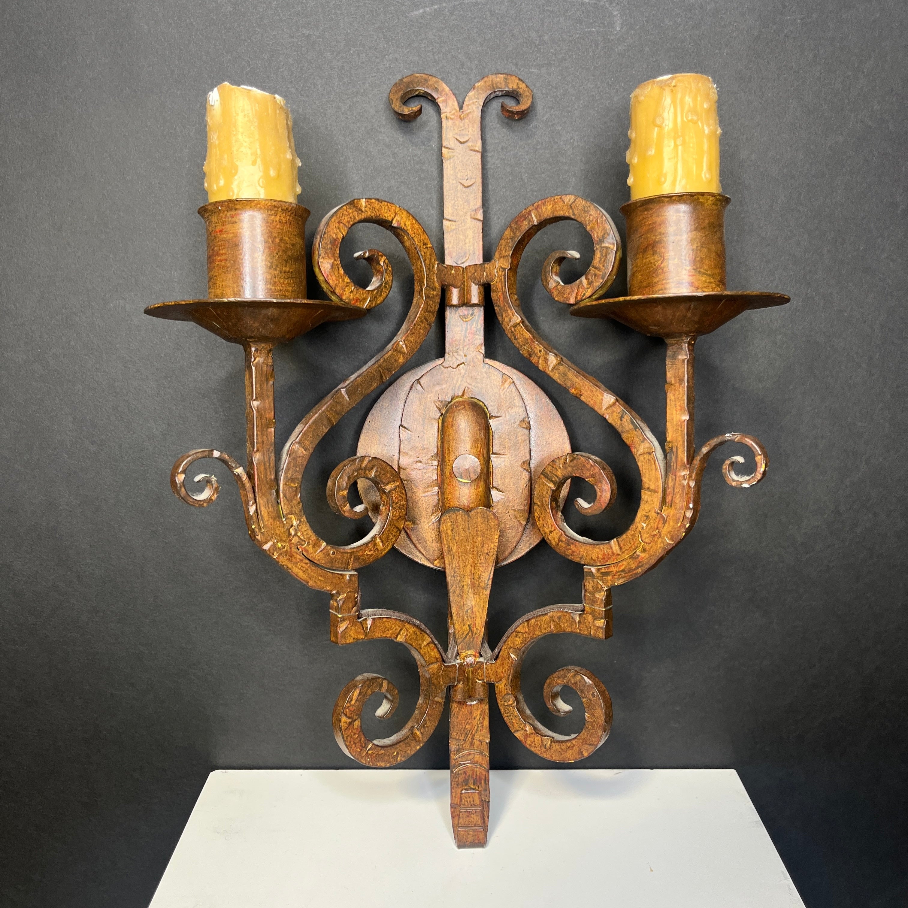 Gothic Revival 2-Light Rust Patina Metal Scroll Candlestick Wall Sconce 11”x 15.5”x 5.5”