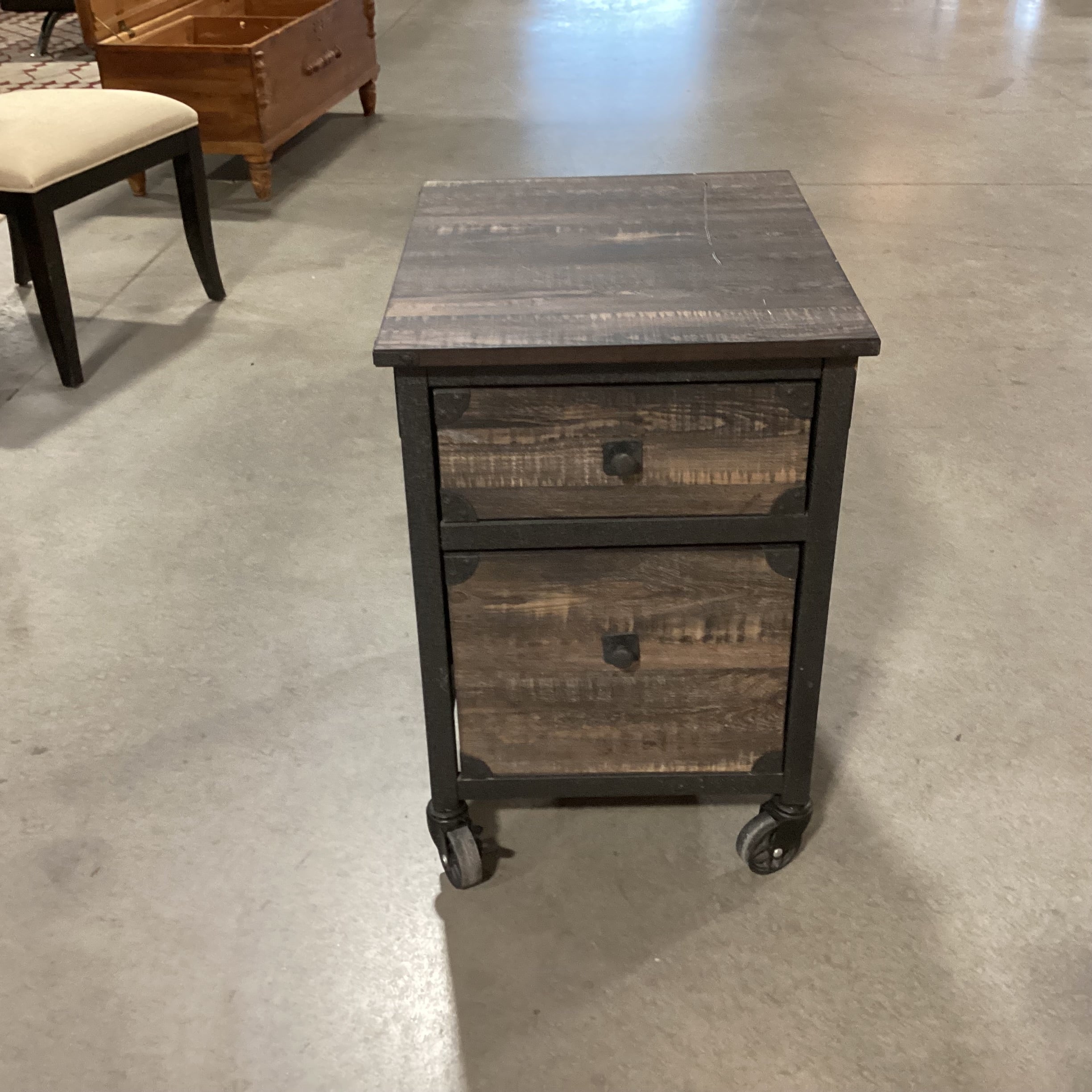 Carbon Oak Wood Style Laminate & Metal on Casters 2 Drawer End Table 18"x 21.5"x 26.5"
