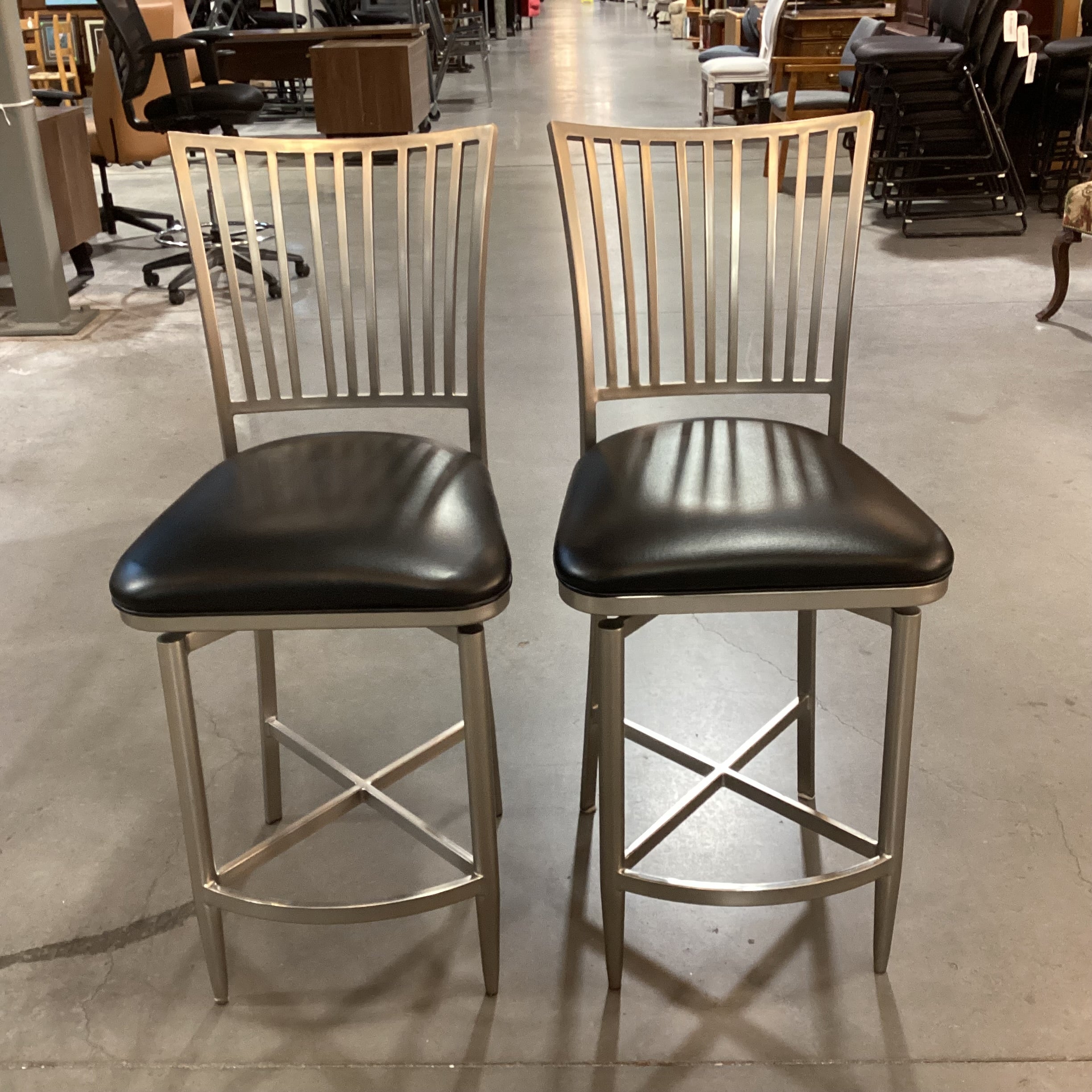 SET of 2 Ashtyn Brushed Nickel Finish Metal & Black Faux Leather Return Swivel Barstools 26"