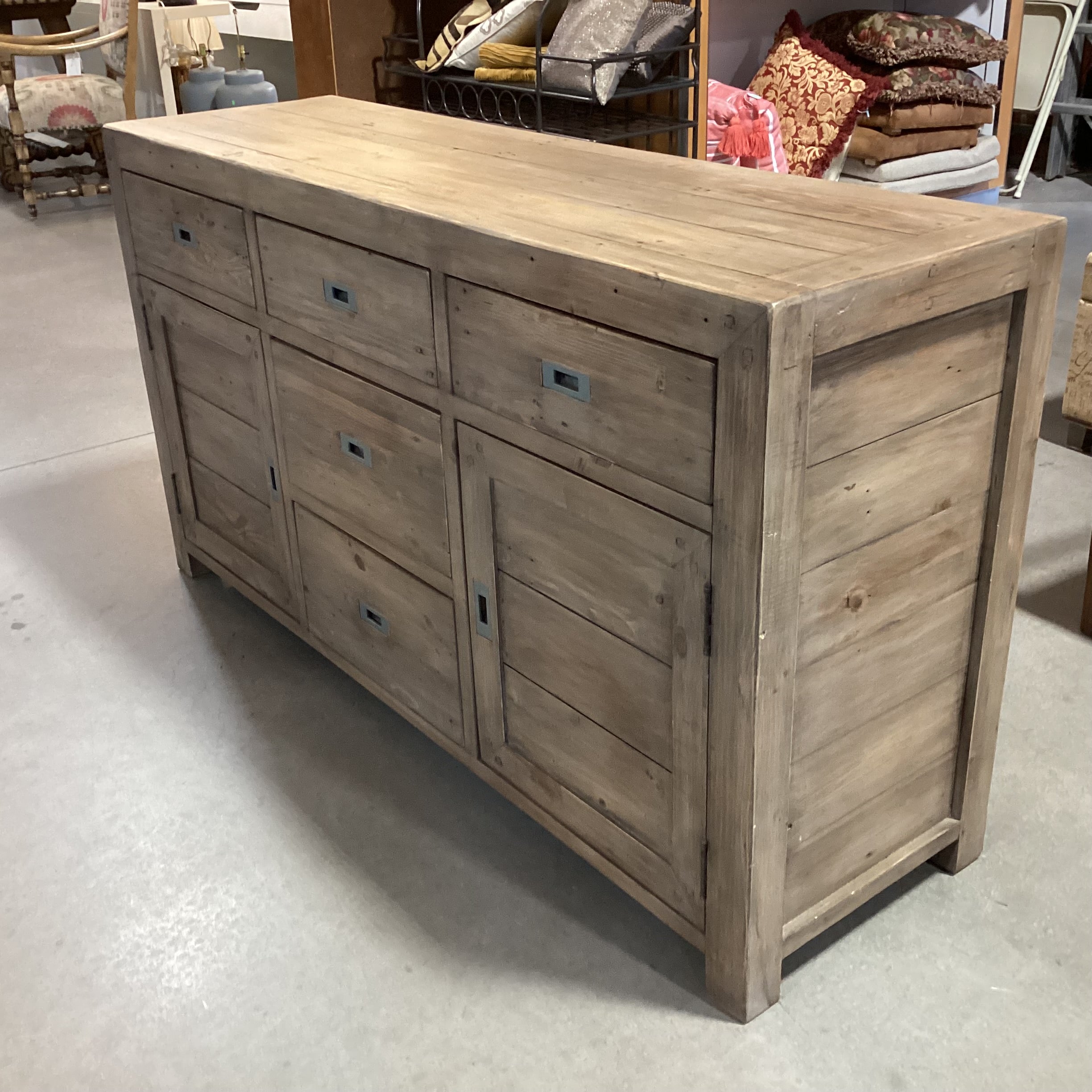 Rustic Reclaimed Wood Campaign Style 2 Door with Shelves 5 Drawer Sideboard 61"x 18"x 33.5"