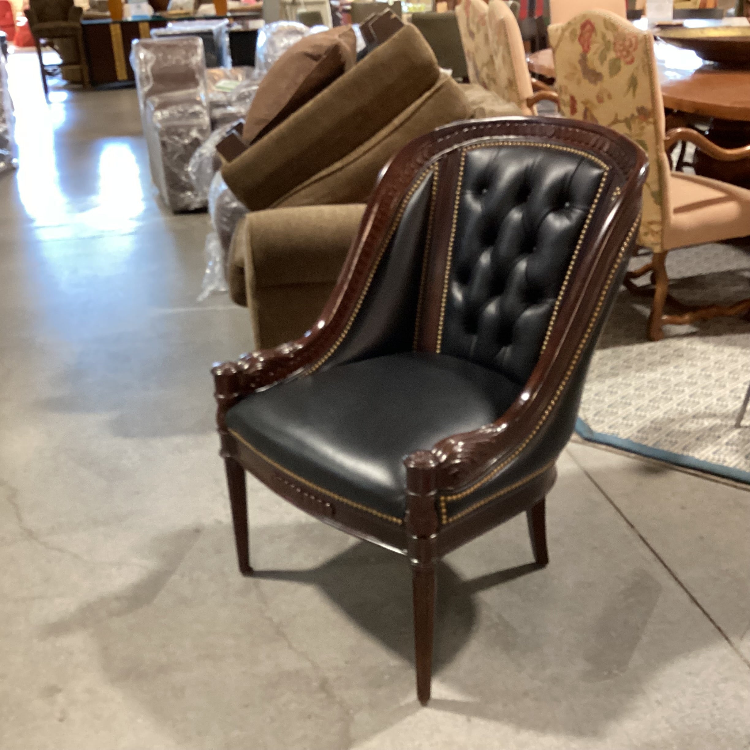 Hancock & Moore Ornate Mahogany Finish Wood Black Leather Tufted Nailhead Accent Chair 27"x 32"x 39"