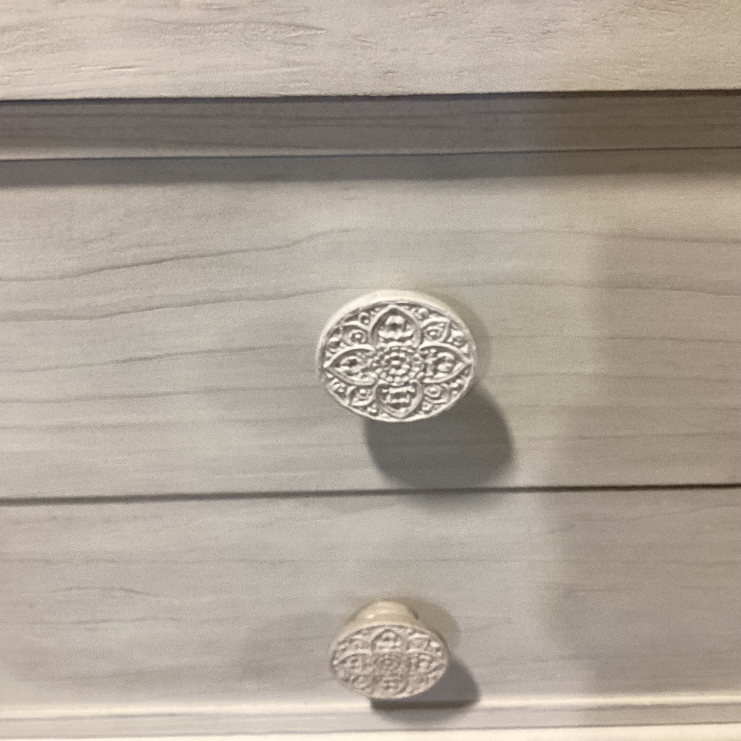Bohemia White Washed Wood with Carved Mandala Pulls 2 Drawer Nightstand 28"x 18"x 27"