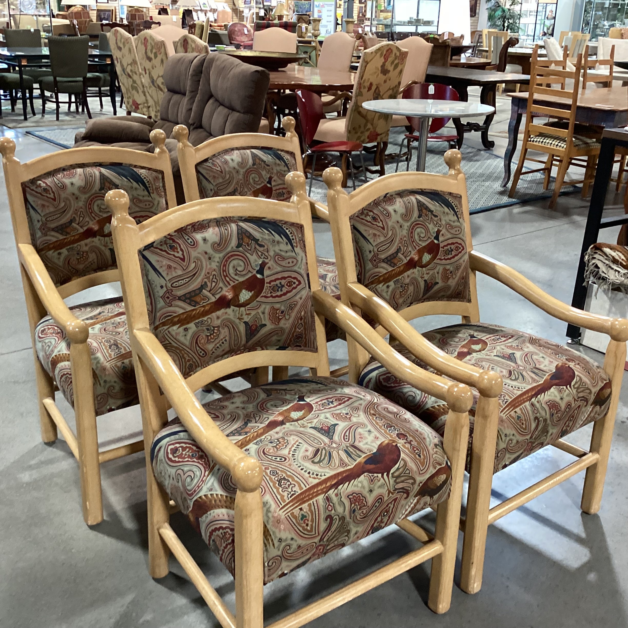 SET of 4 Beverly Interiors Custom Carved Wood & Rust Teal Pheasant Upholstered Armed Dining Chairs 24"x 25"x 39"