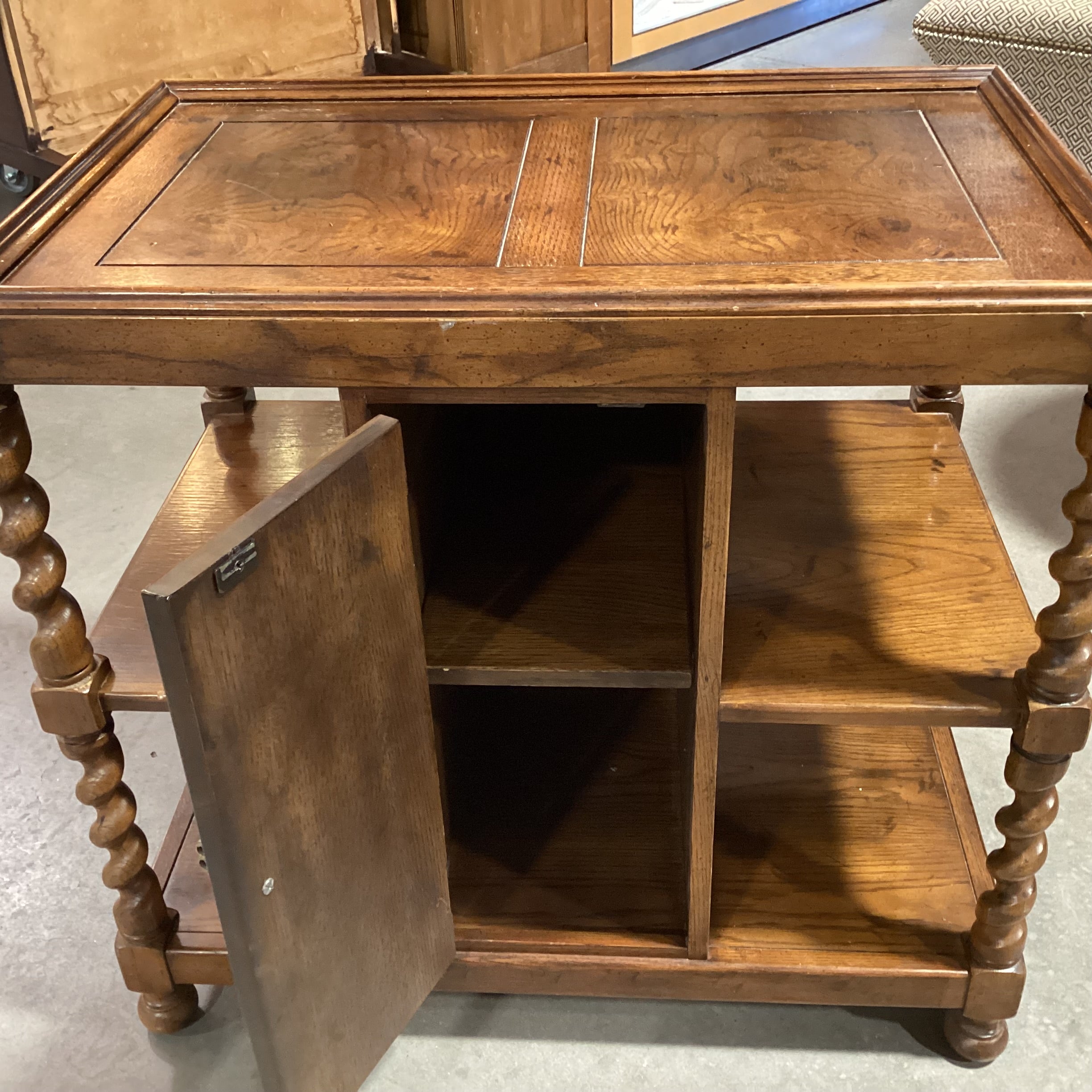Vintage Barley Twist & Veneer 3 Tiered with Door & Shelves End Table 28"x 18"x 26.5"