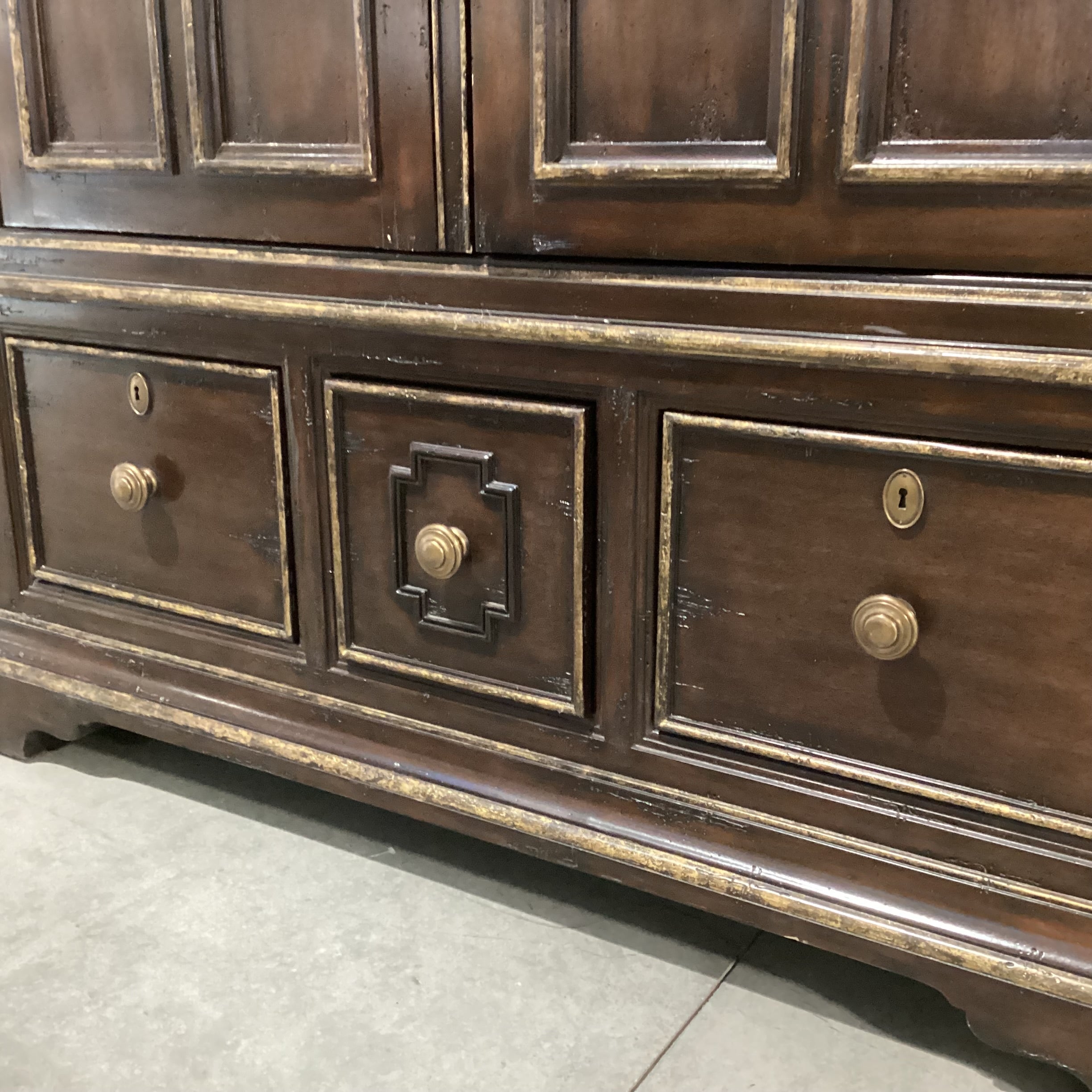 Marge Carson Dark Distressed with Brushed Gold Carved Wood Brass Pulls 5 Drawer 2 Door Wardrobe Armoire 64"x 32"x 94"