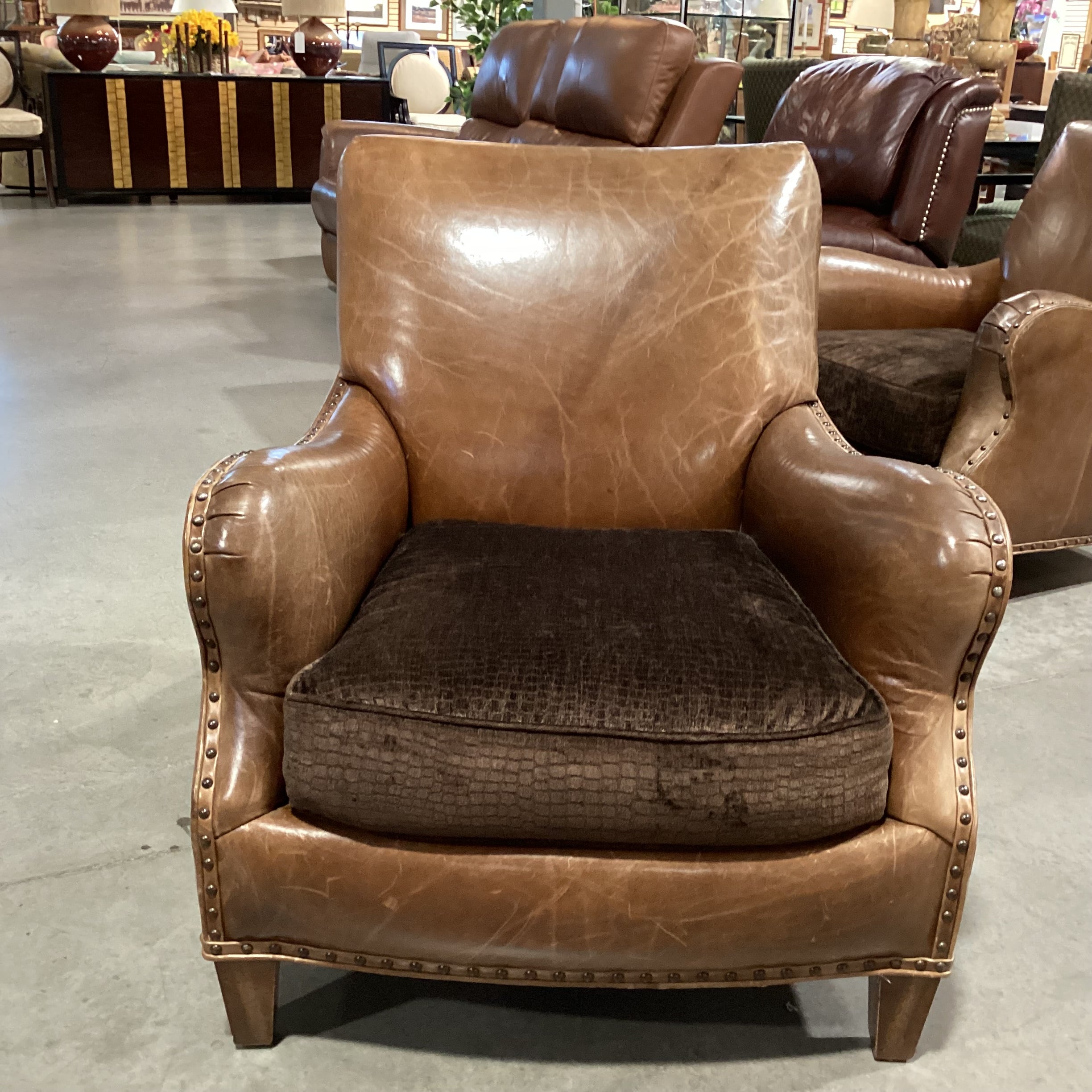 Westley Hall Collection Distressed Leather Nailhead with Brown Upholstered Seat Cushion Chair 31"x 38"x 34"
