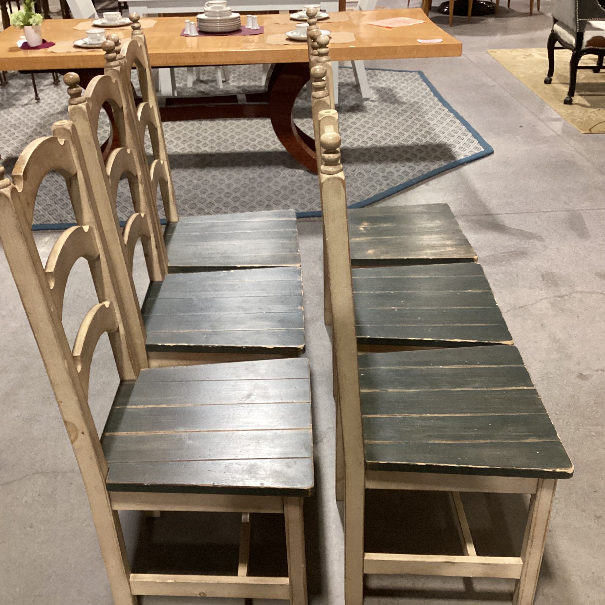 SET of 6 Buffalo Lodge & Dakota Washed Distressed Cream & Green Wood Ladder Back Ranch Dining Chairs 18"x 19"x 45"