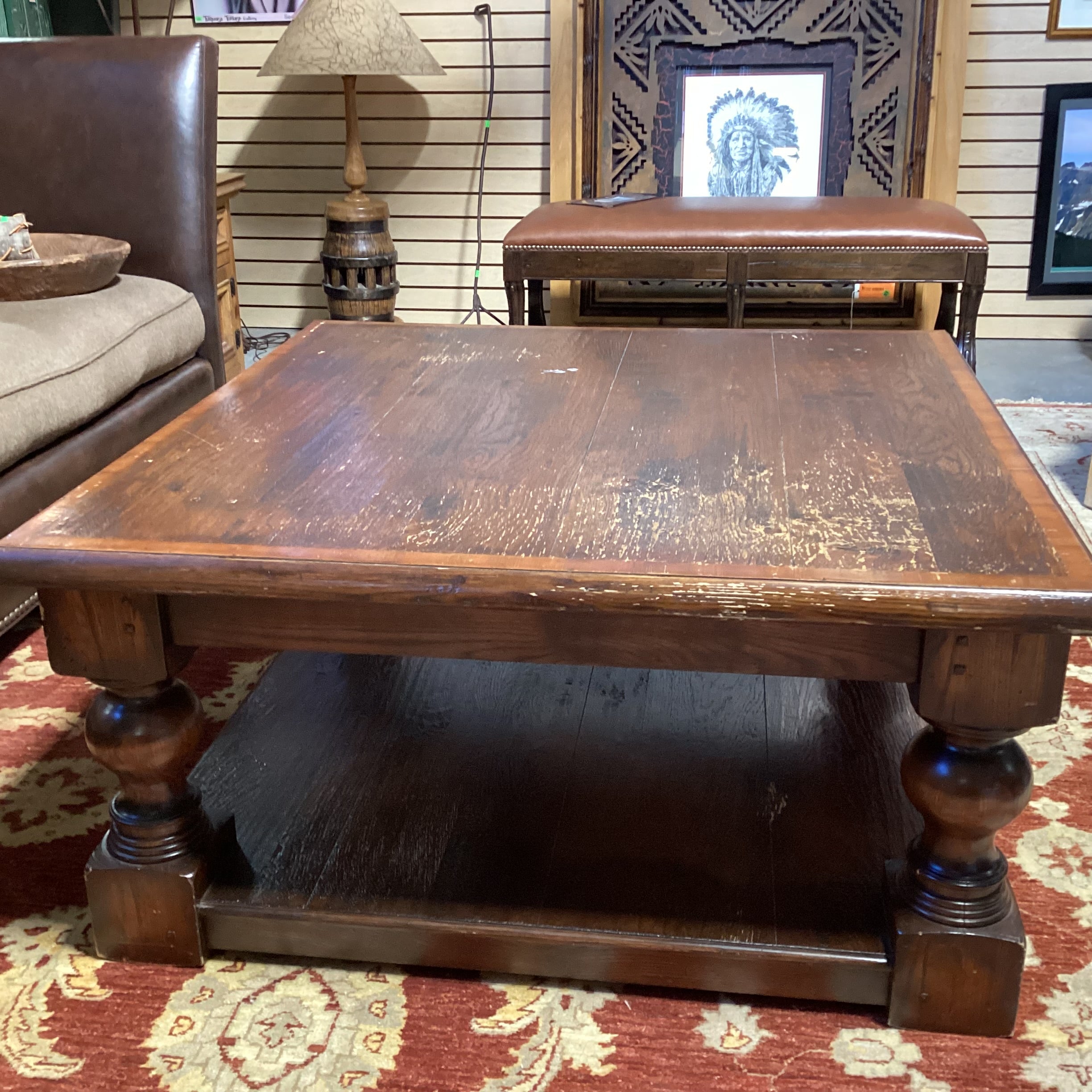 Solid Distressed Carved Wood with Bottom Shelf Square Coffee Table 42"x 42"x 20"