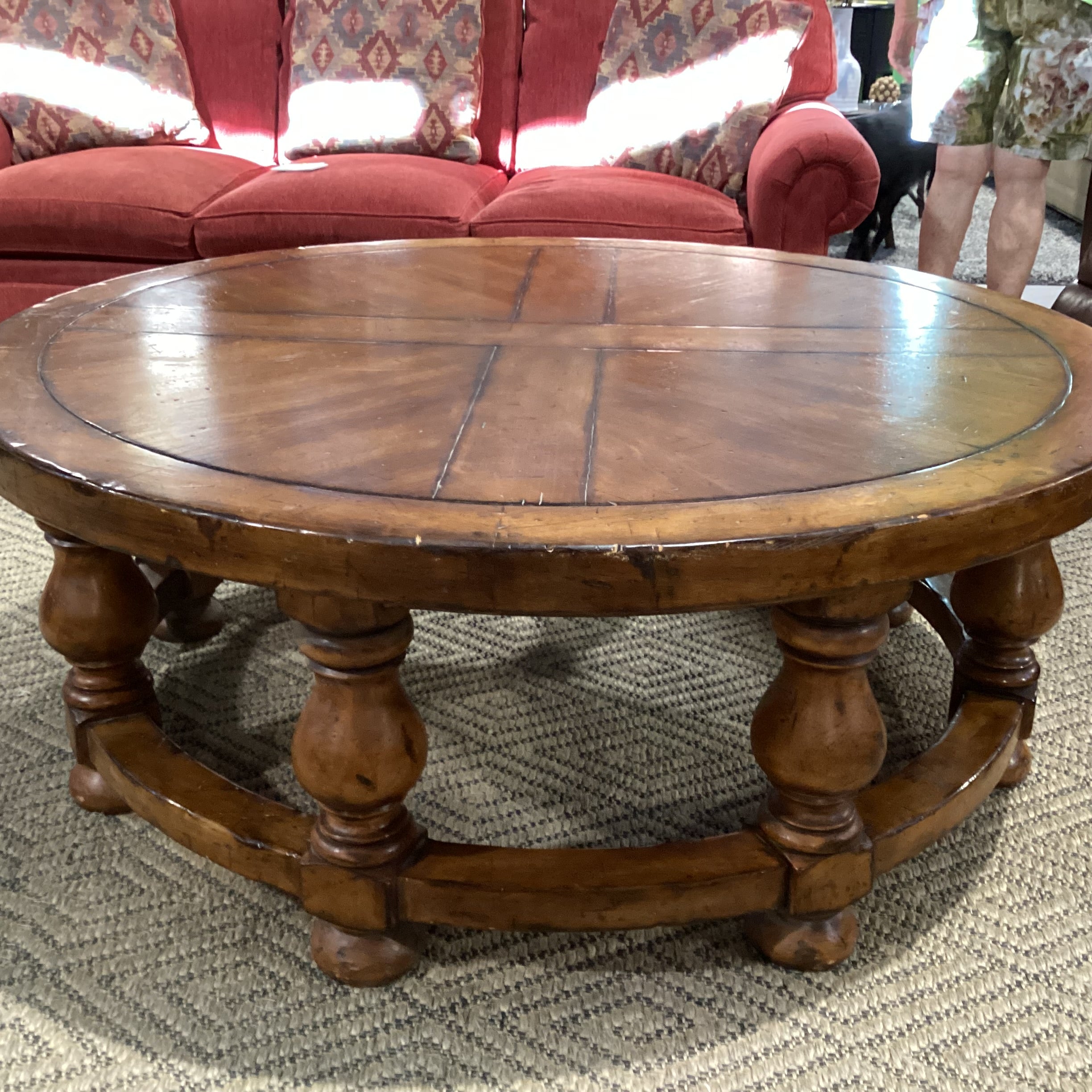Round Carved Distressed Finish Wood Coffee Table 54" Diameter x 20"
