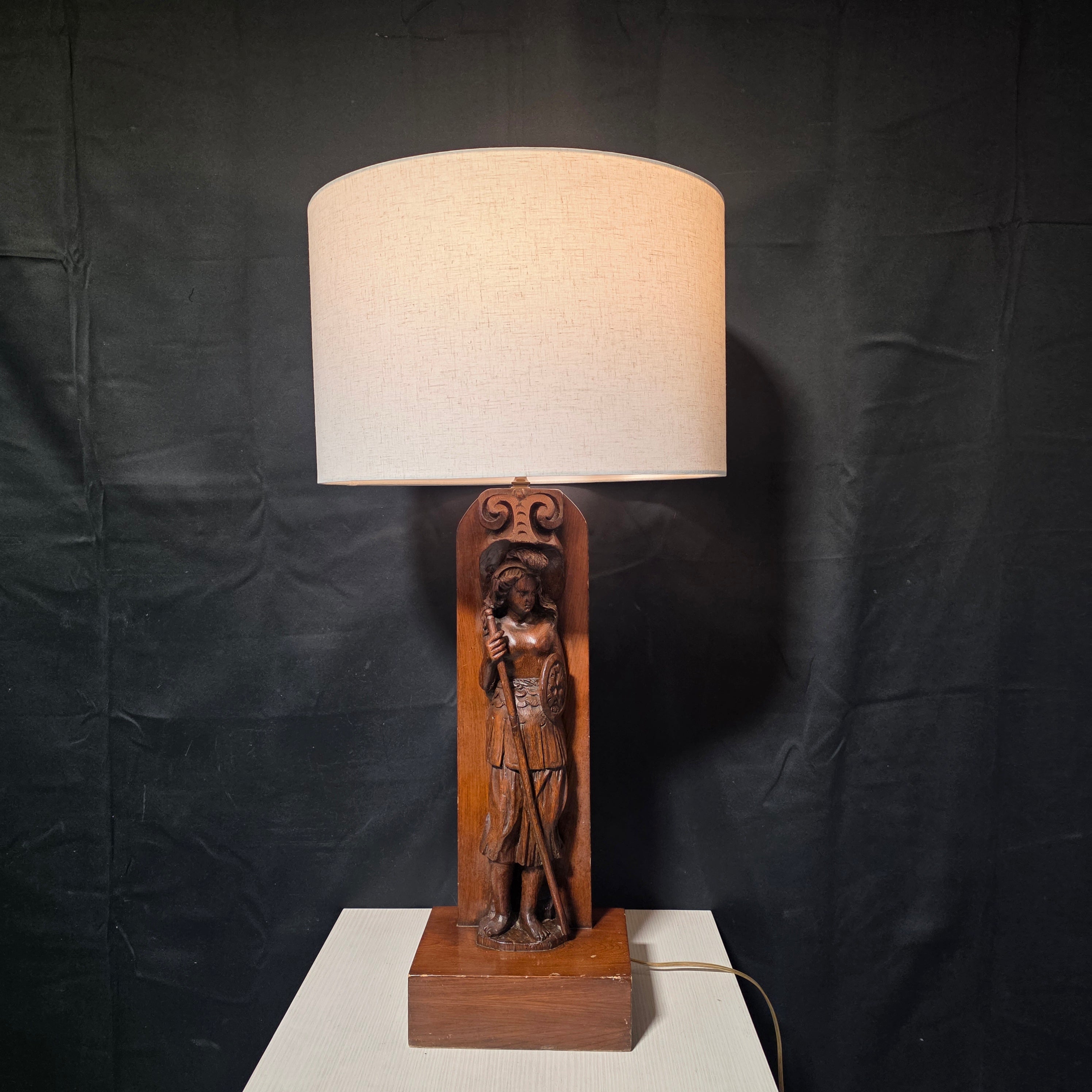60's - 70's Walnut Wood Medieval Revival Hand Carved Table Lamp 17.5" D x 34.5"