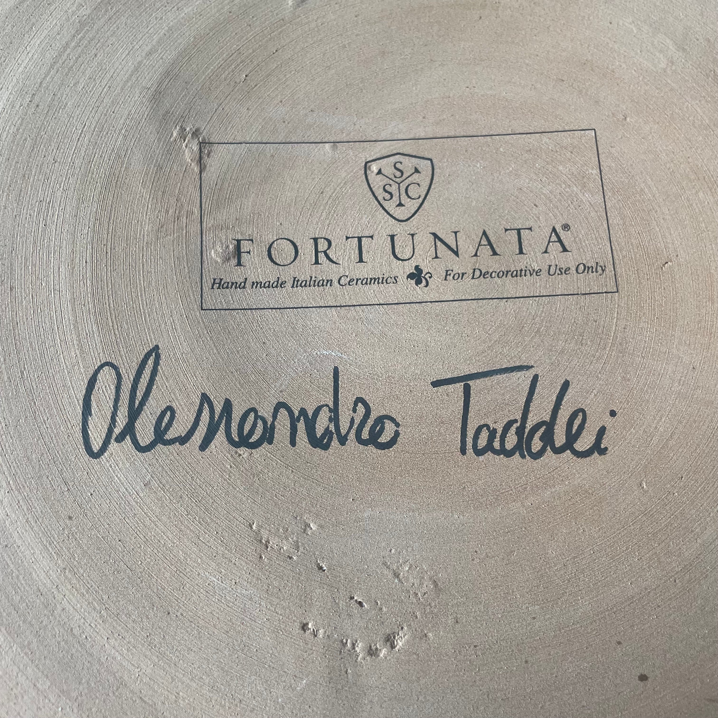 Alessandro Taddei Signed Fortunata Distressed White Glazed Ceramic Footed Bowl w/Handles, Made in Italy