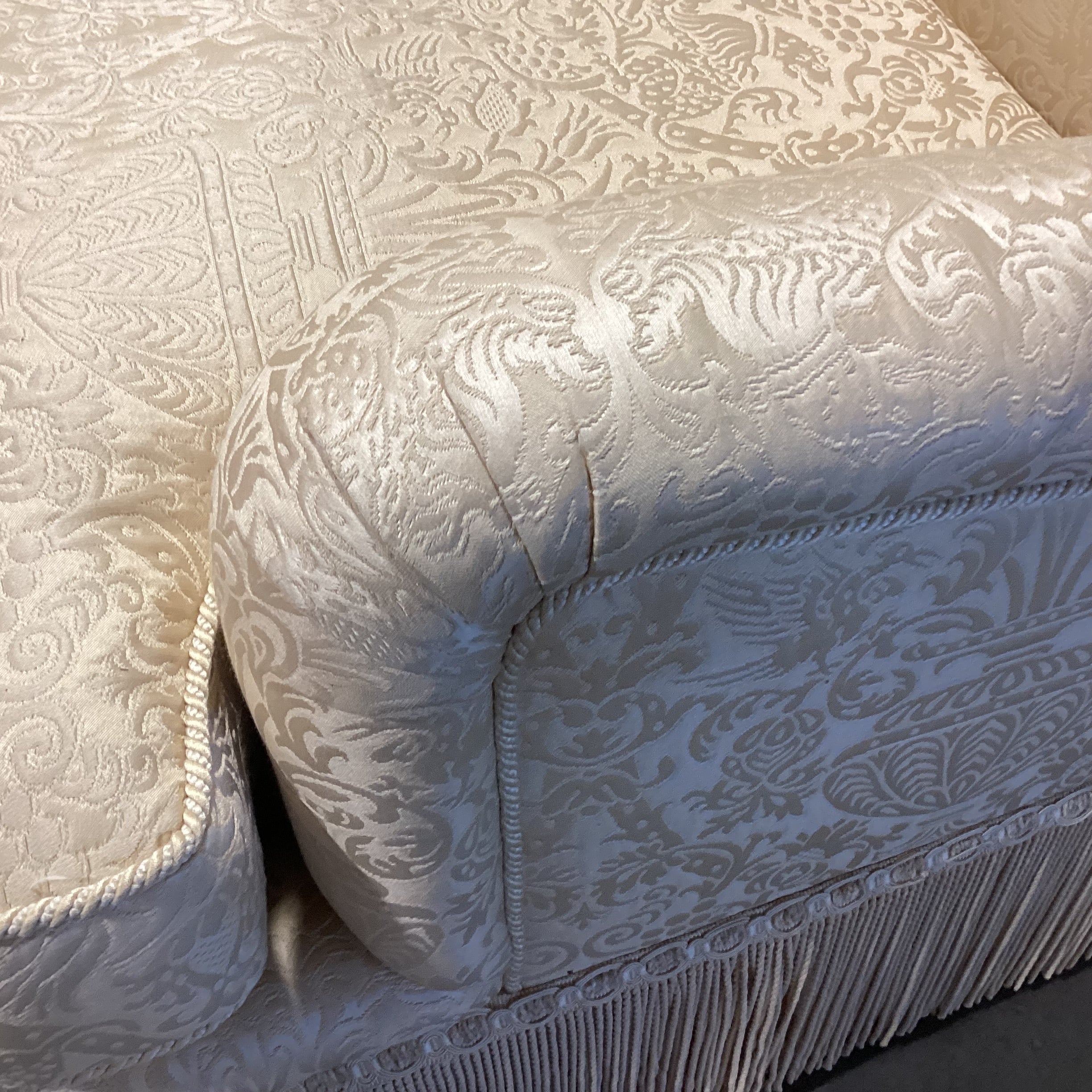 Custom Gold Raised Stitched Floral Urns with Piping & Fringe Down Mix High Back Sofa 102"x 41"x 41"