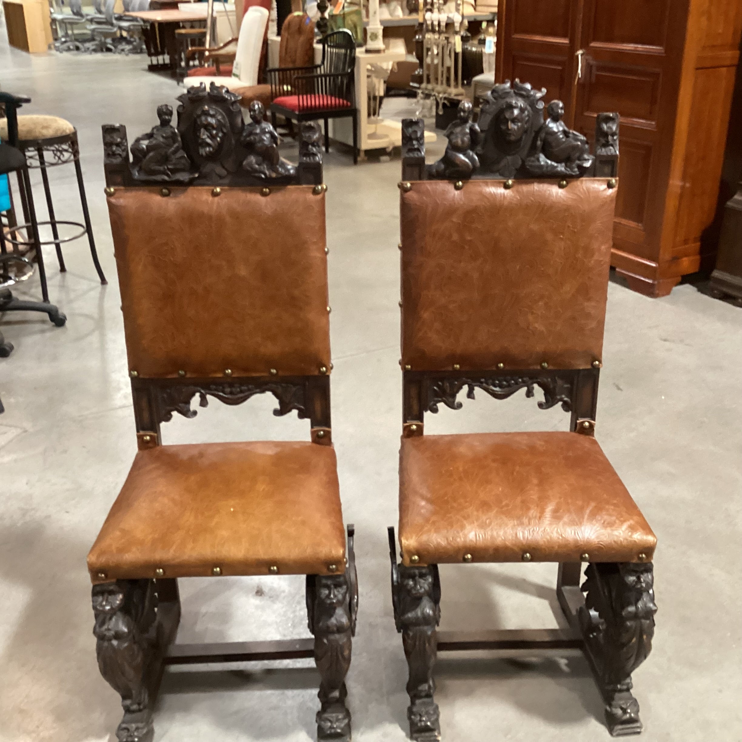 SET of 2 Antique Ornate Carved Wood & Embossed Leather Antique Chairs 20"x 20"x 48"