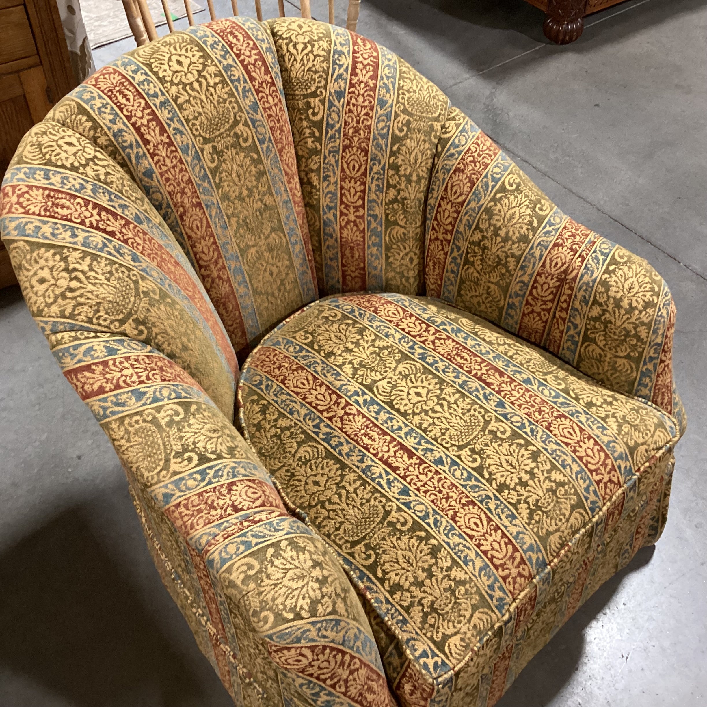 Custom Gold Sage Blue Rust Ornate Woven Ribbon Floral Scallop Back on Casters Chair 33"x 34"x 33"
