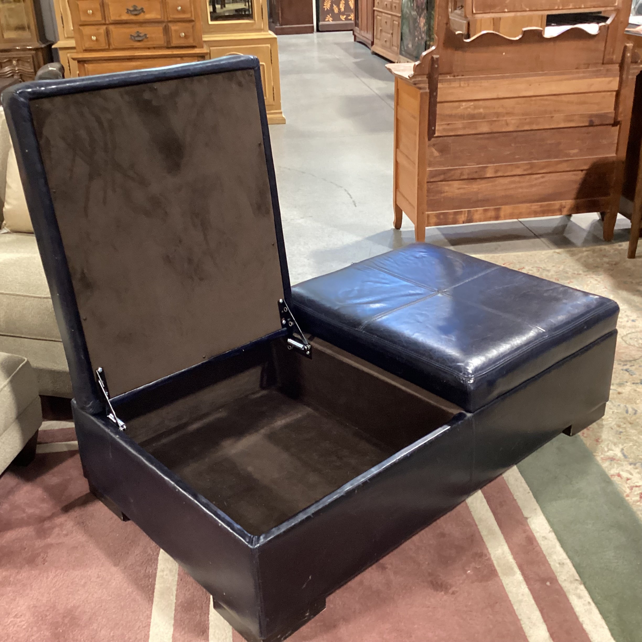 Navy Leather with Storage Bench Ottoman 52.5"x 30"x 16"