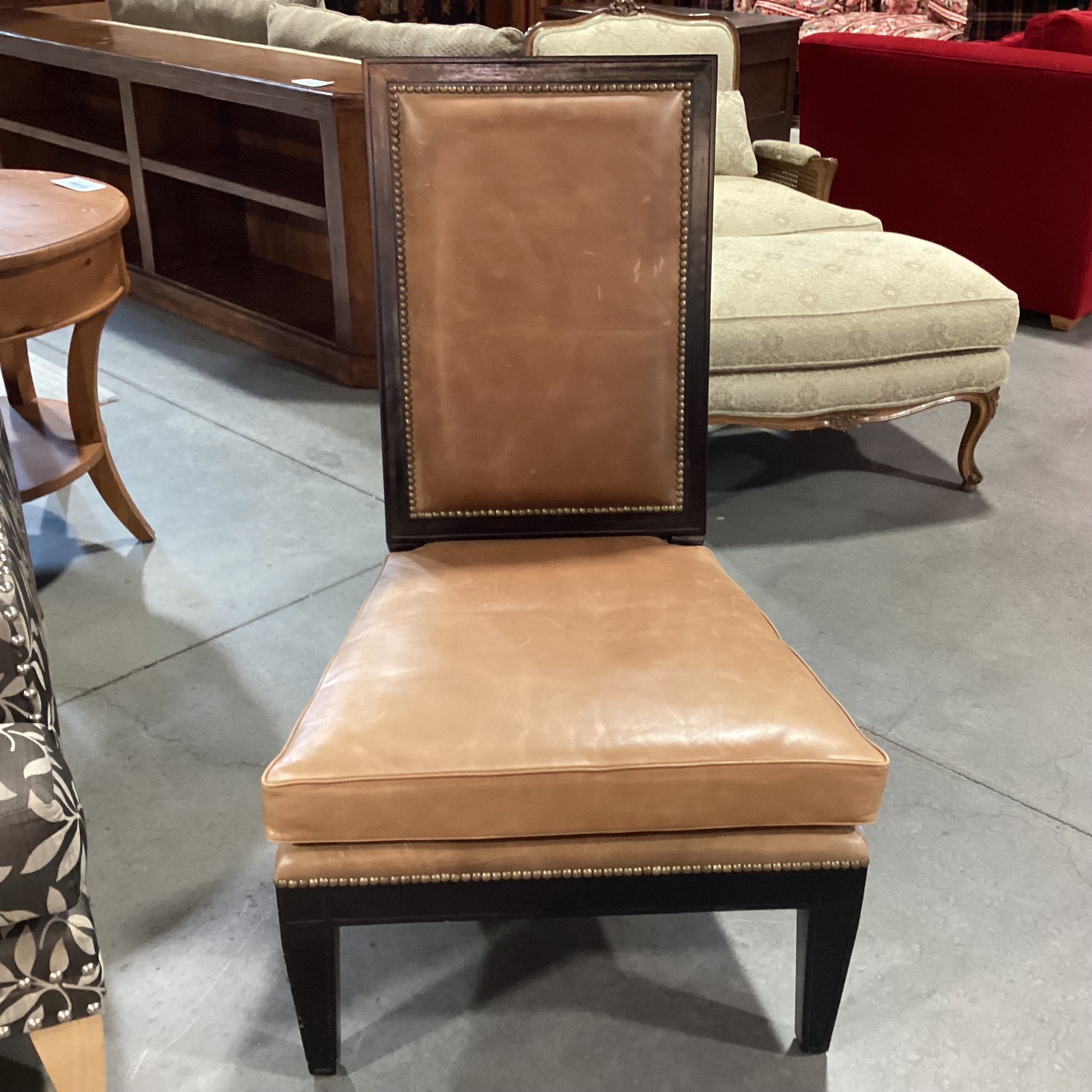 Tan Leather Nailhead & Black Wood Slipper Chair 27"x 27"x 42"