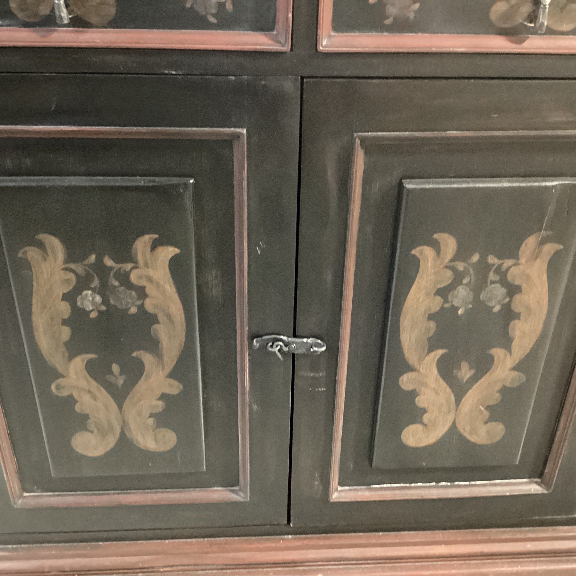 Black & Red Antiqued with Gold Ornate Painted Detail 3 Drawer 3 Door with Shelves Sideboard 60"x 21"x 41"