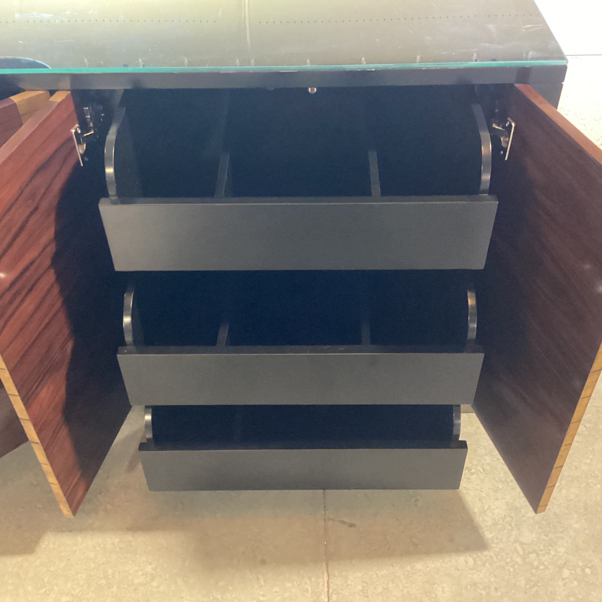 Bolier & Co Vintage Black Lacquer Dark Finished Wood Veneer & Gold Gilt 4 Door 6 Drawer & Shelves Credenza 82"x 21"x 30.5"