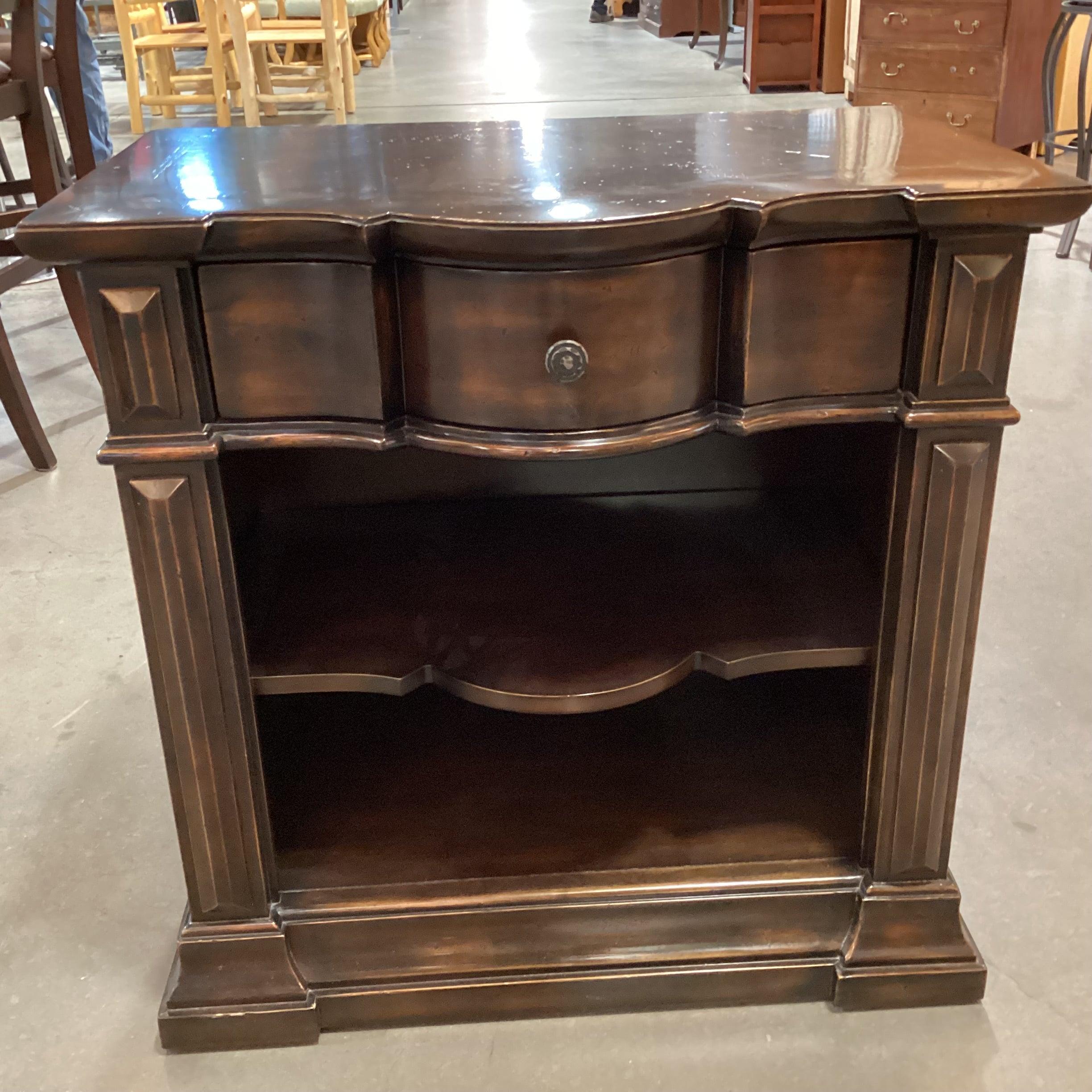 Artistica Dark Finish Serpentine Shape Carved Wood 1 Drawer with Shelves Nightstand 30"x 19"x 30"