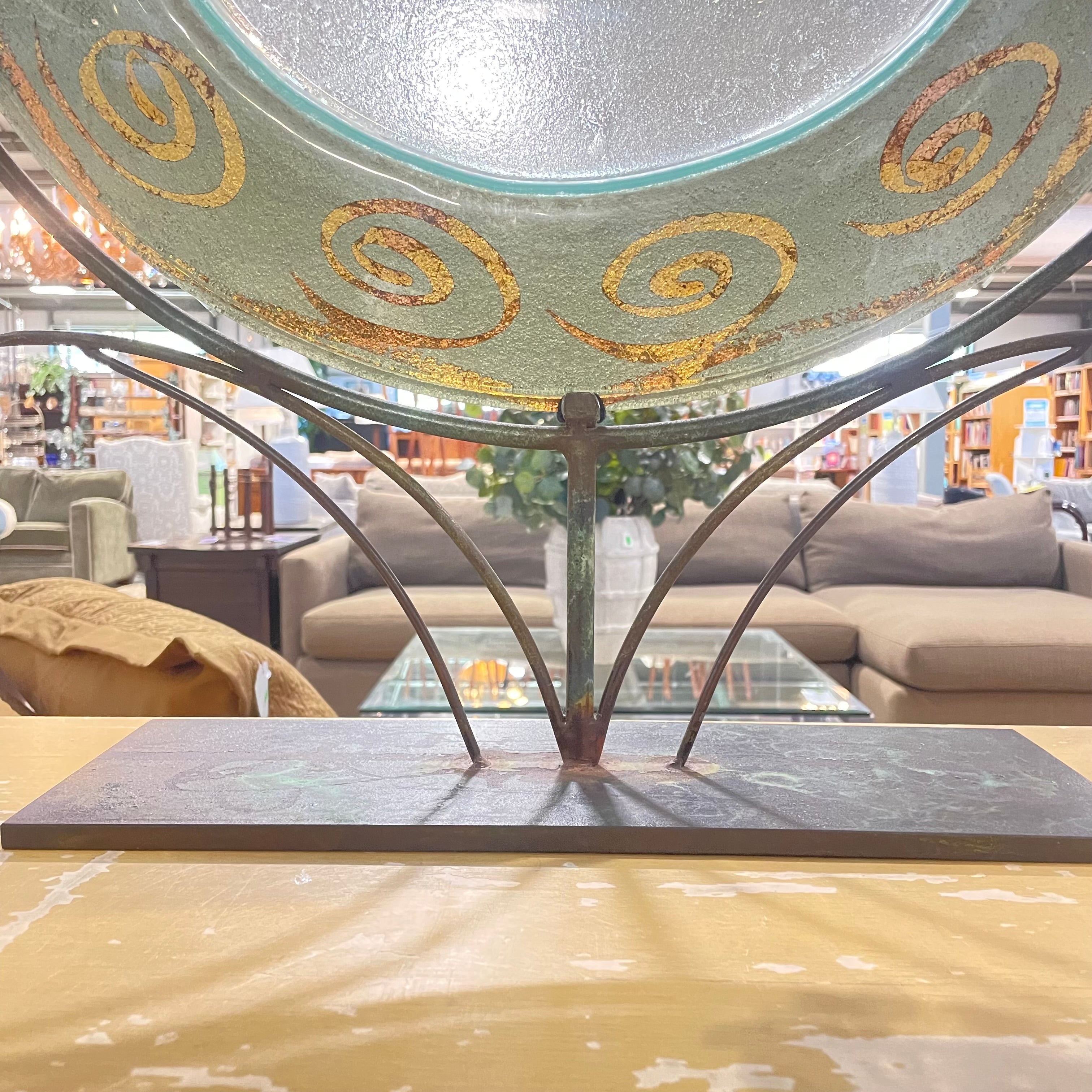 Tony Evans Signed Hand Blown, Handpainted Art Glass Gold Swirls on Turquoise Rim Charger  with Heavy Modern Iron Stand/Pedestal, 24"x 29.5"