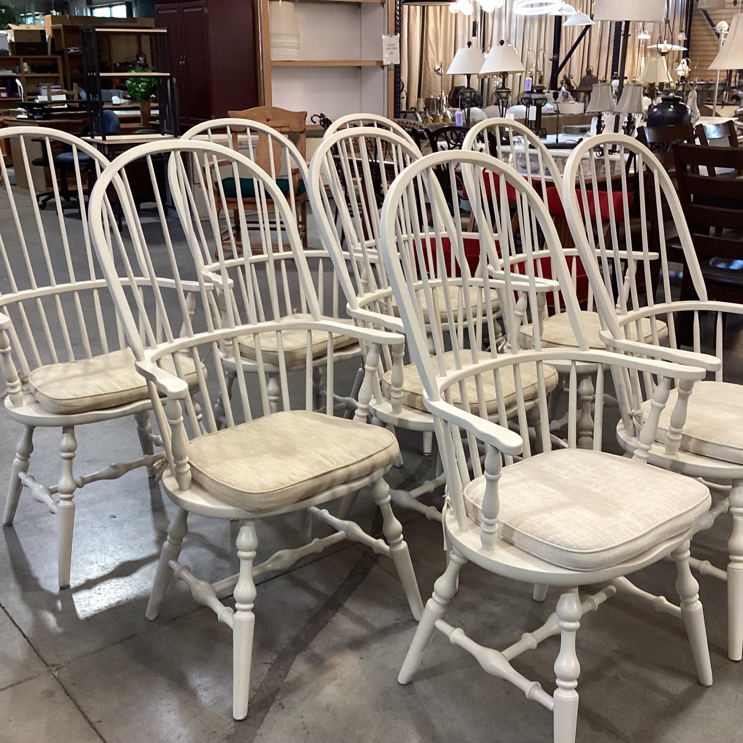 SET of 8 Vintage Windsor Cream Carved Wood Armed Dining Chairs 24"x 24"x 45"