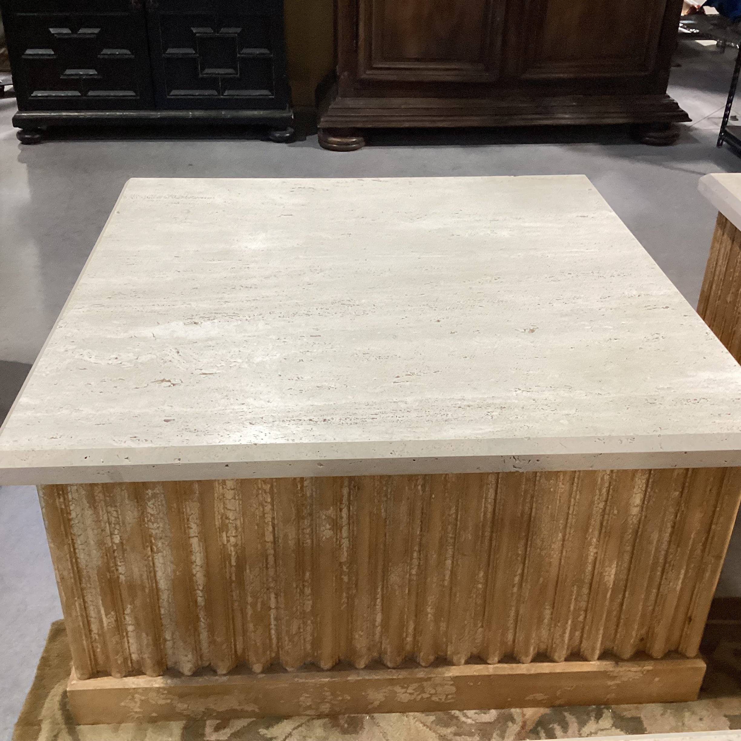 Custom Ribbed with Textured Crackle Finish Wood 1 Door with Shelf Travertine Top Coffee Table 48"x 48"x 24.5"