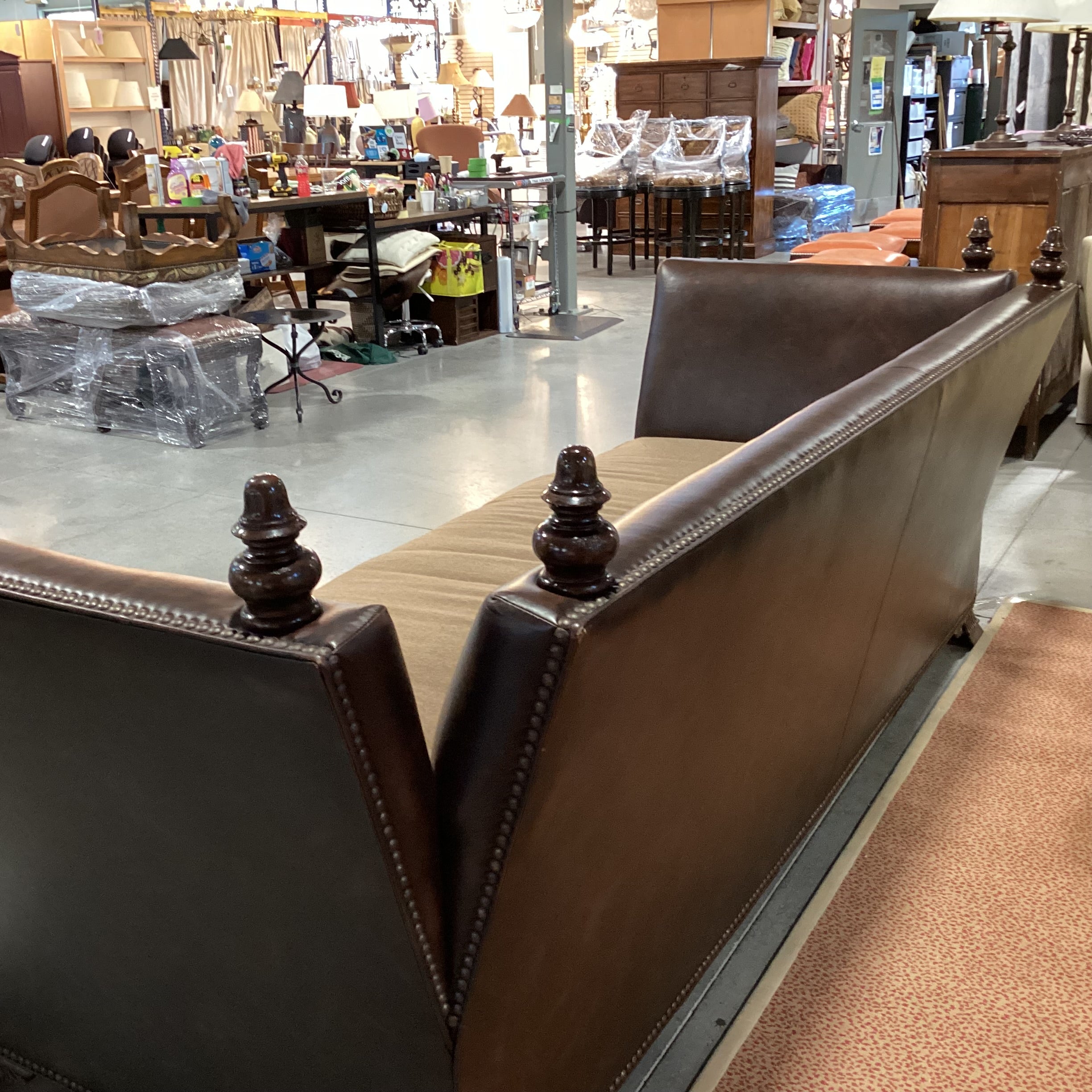 Knole House Style Leather Nailhead High Back & Wool Down with Ornate Finial Sofa 110"x 45"x 43"