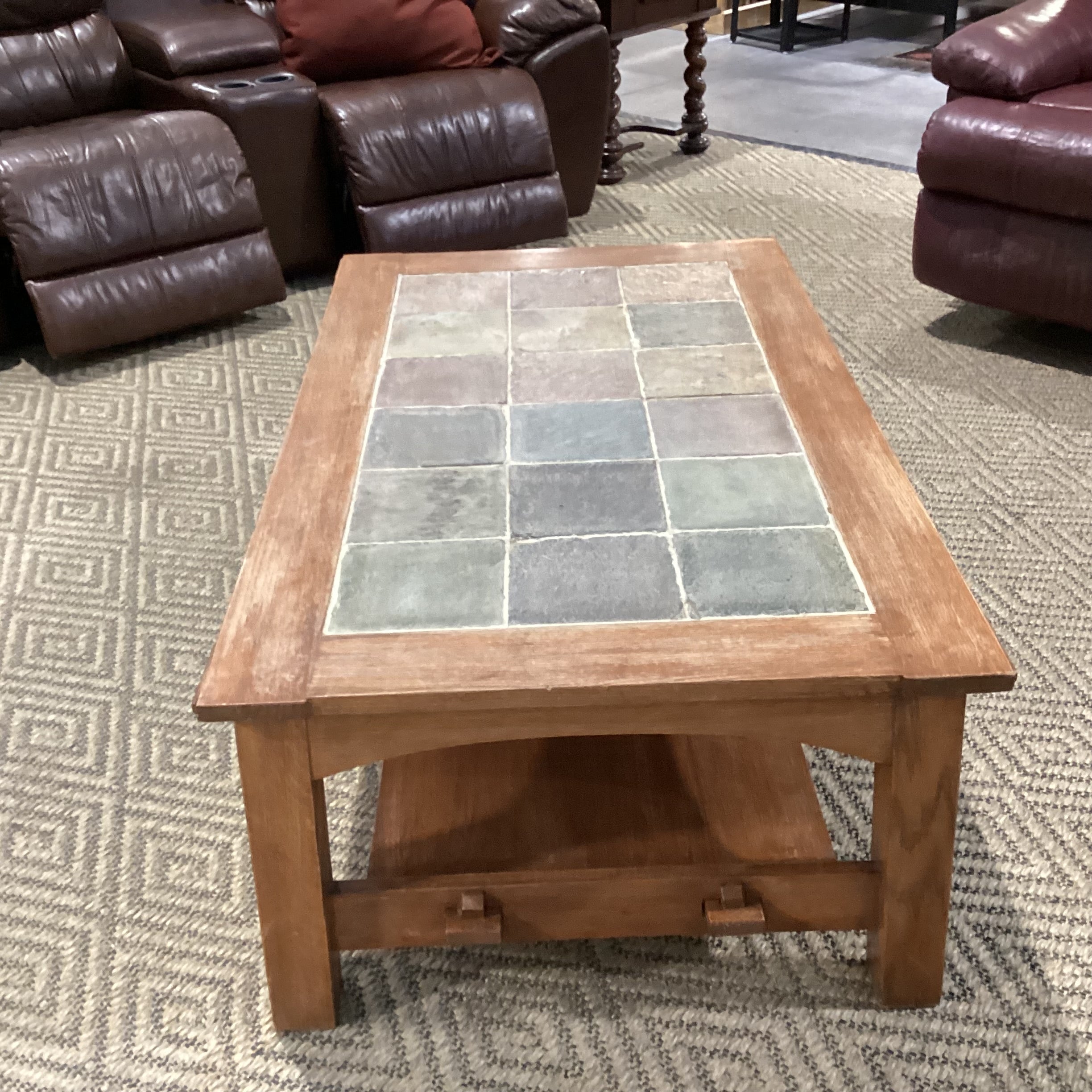 Natural Light Finish Wood & Slate Stone Tile Coffee Table 50.5"x 30"x 18"