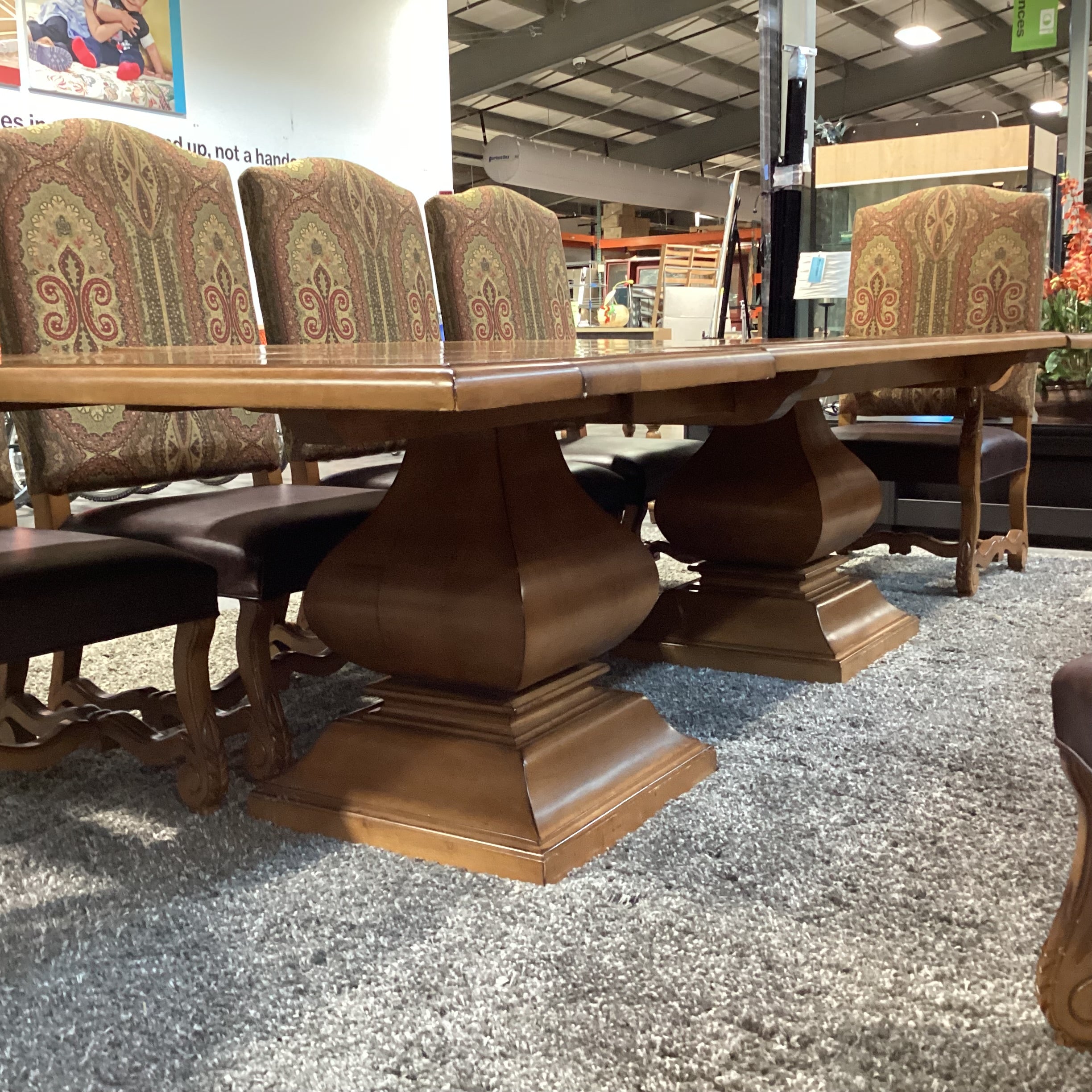 Custom Solid Wood 2 End Extend Leaves Double Pedestal Table with 10 Chairs Dining Set 120"x 48"x 30.5"