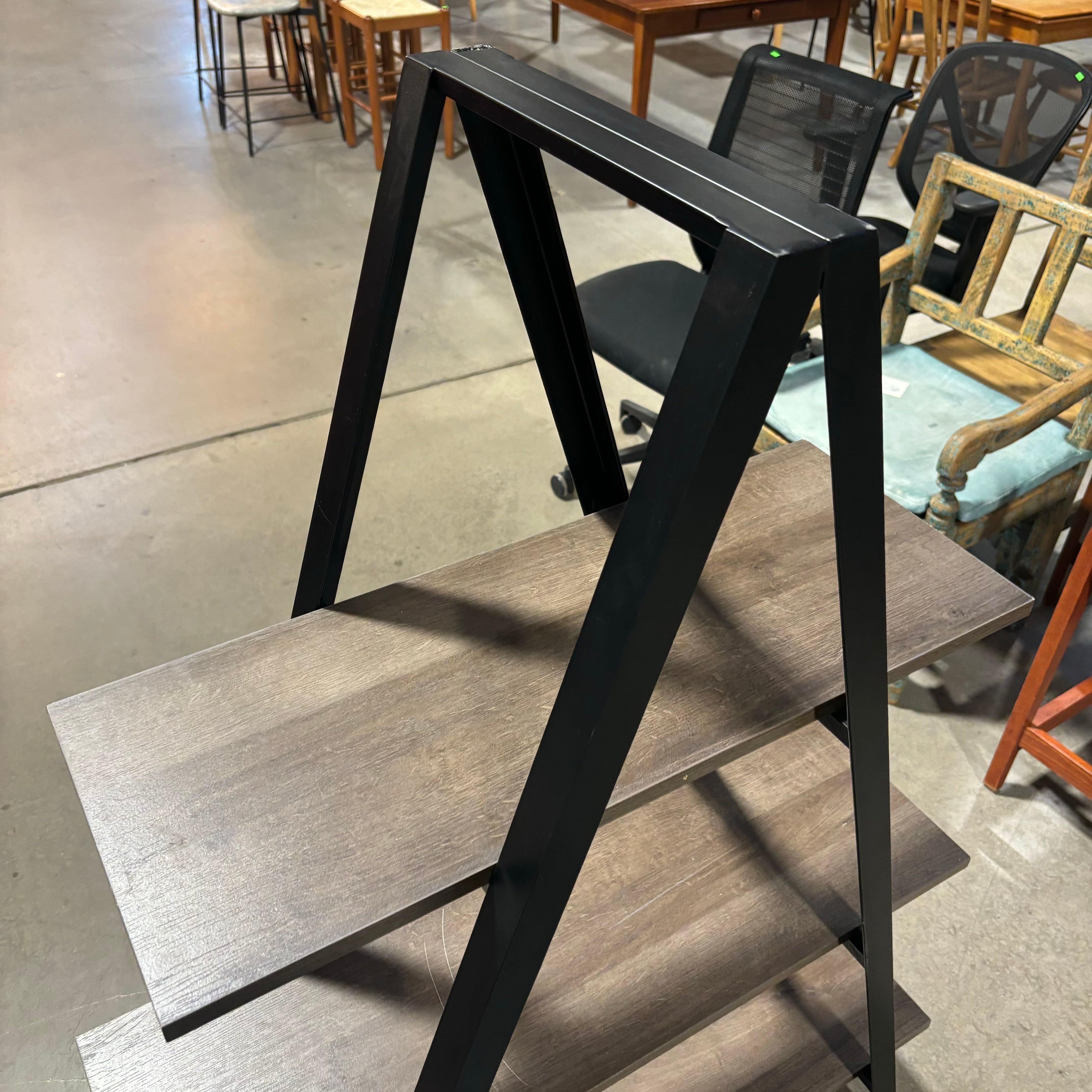 Grey Wood Style Laminate & Black Steel 3 Tiered Triangular Bookshelf 42"x 15"x 60"