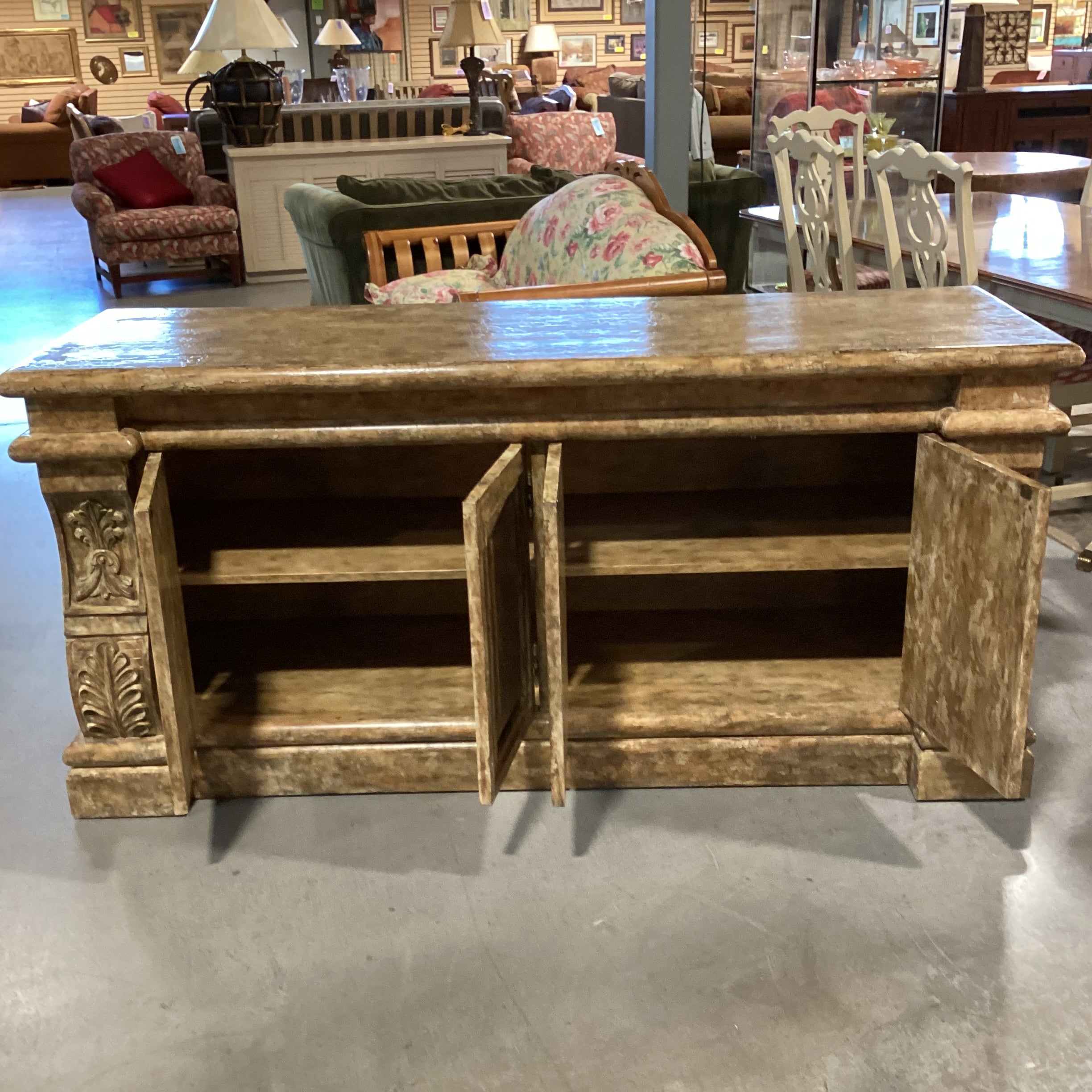 Golden Textured Distressed Finish Ornate Carved Wood 4 Door Credenza 72"x 22.5"x 34"