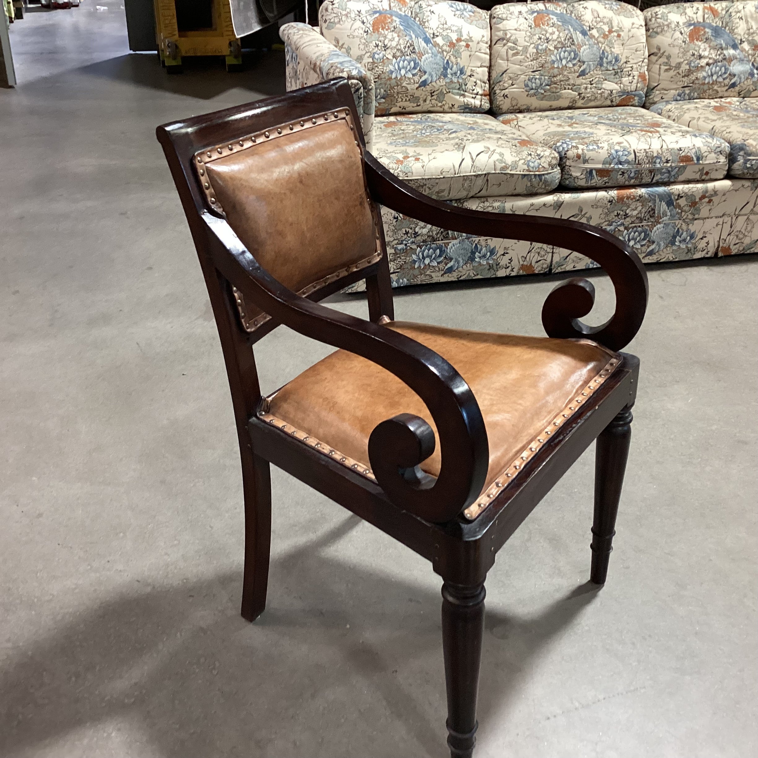 Vintage Antique Carved Scroll Arm & Leather Nailhead Chair 24"x 22"x 34"