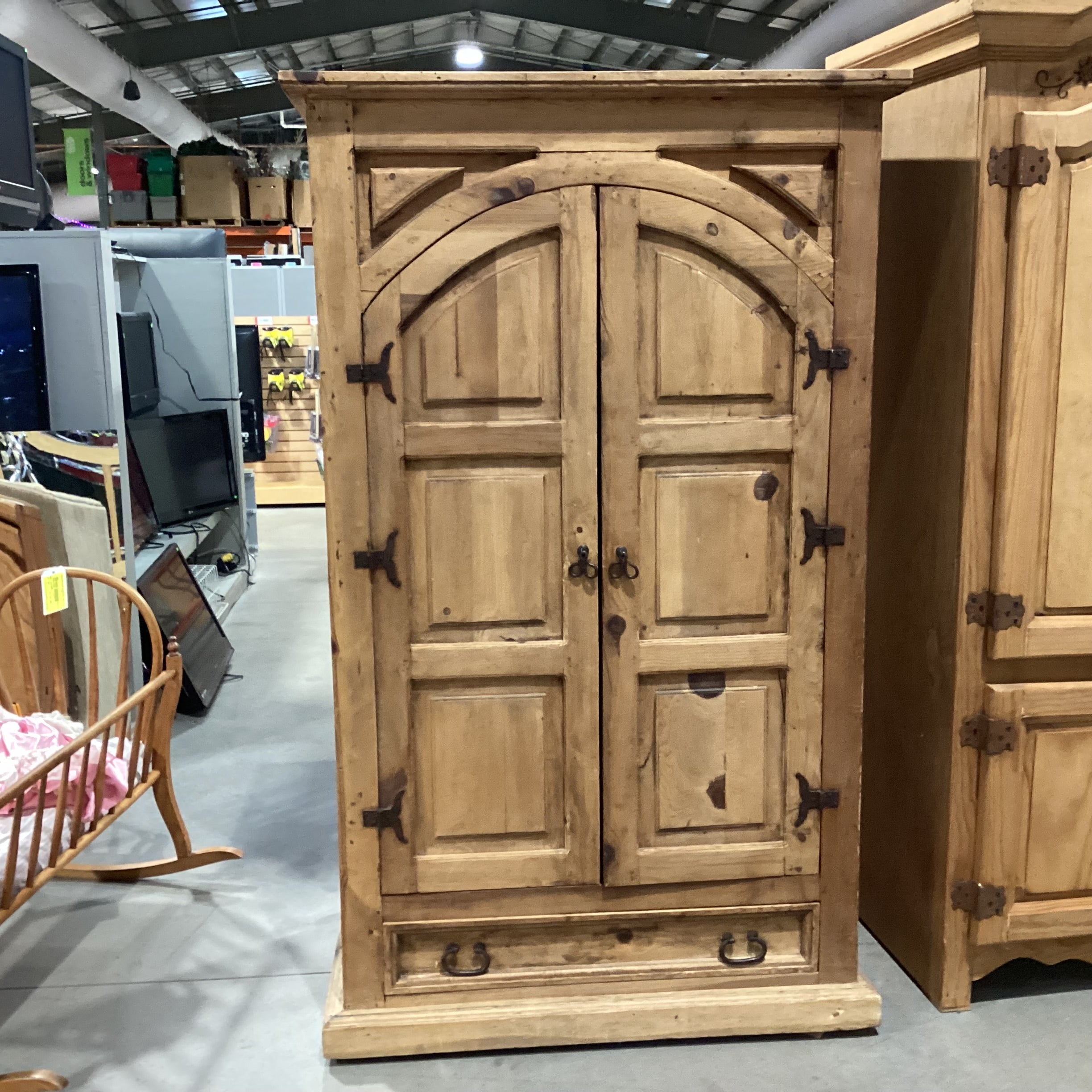 Rustic Pine with Carved Panel Detail 2 Door with Bottom Drawer Armoire 43"x 26.5"x 72"