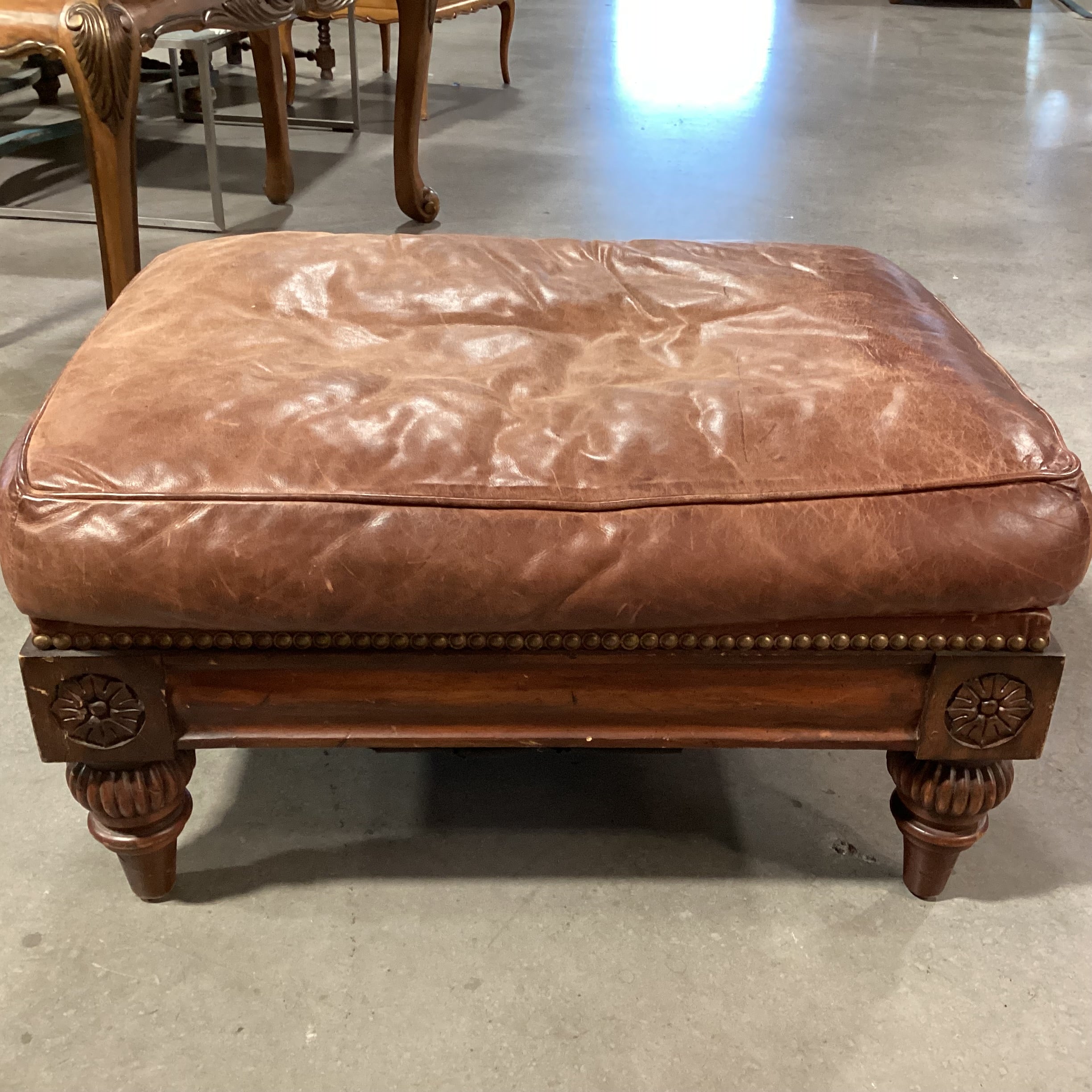 Carved Wood Leather Nailhead Down Mix with Ottoman Chair 36"x 44"x 40"