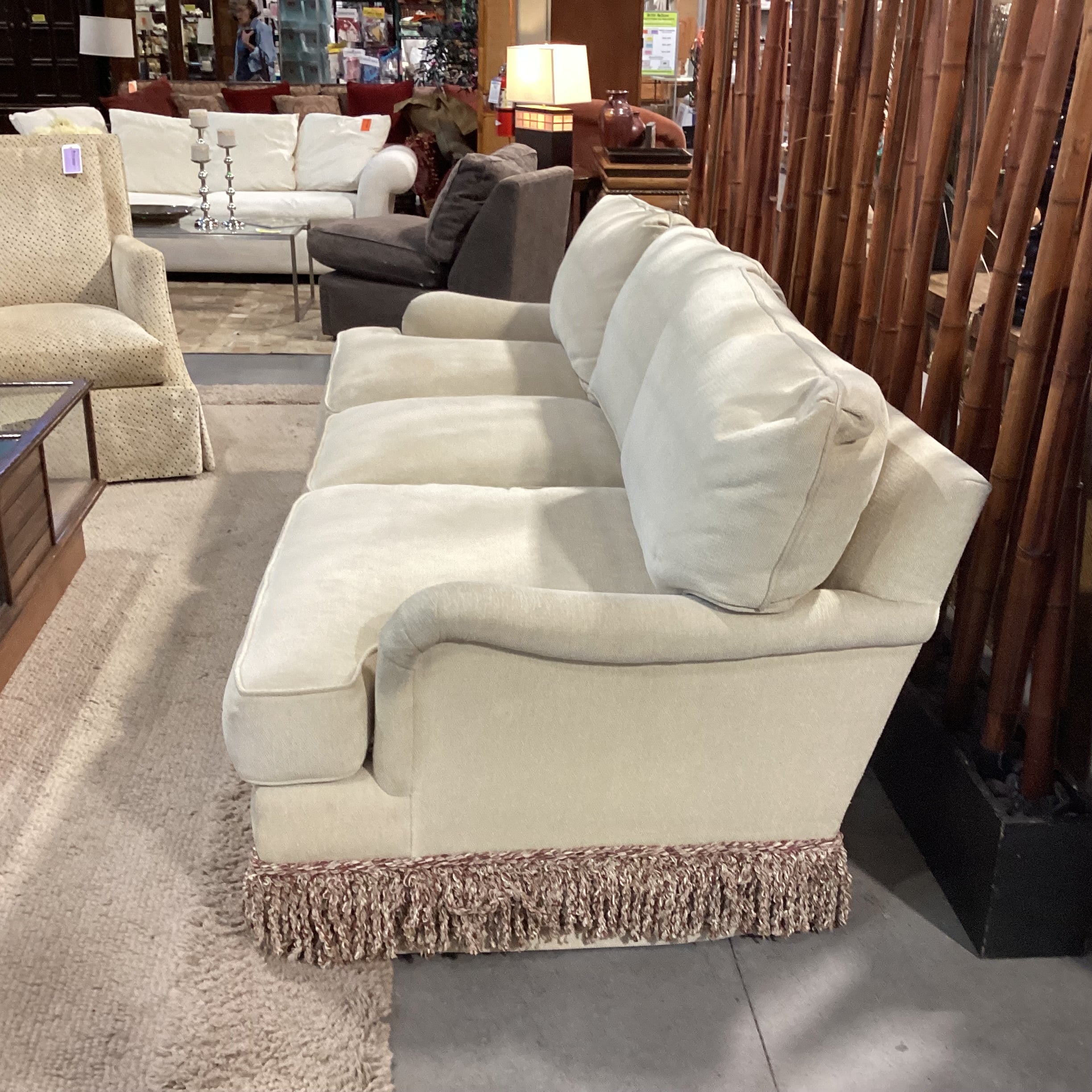 JJ Custom Cream Chenille Woven with Fringe Down Mix Sofa 96"x 42"x 31"
