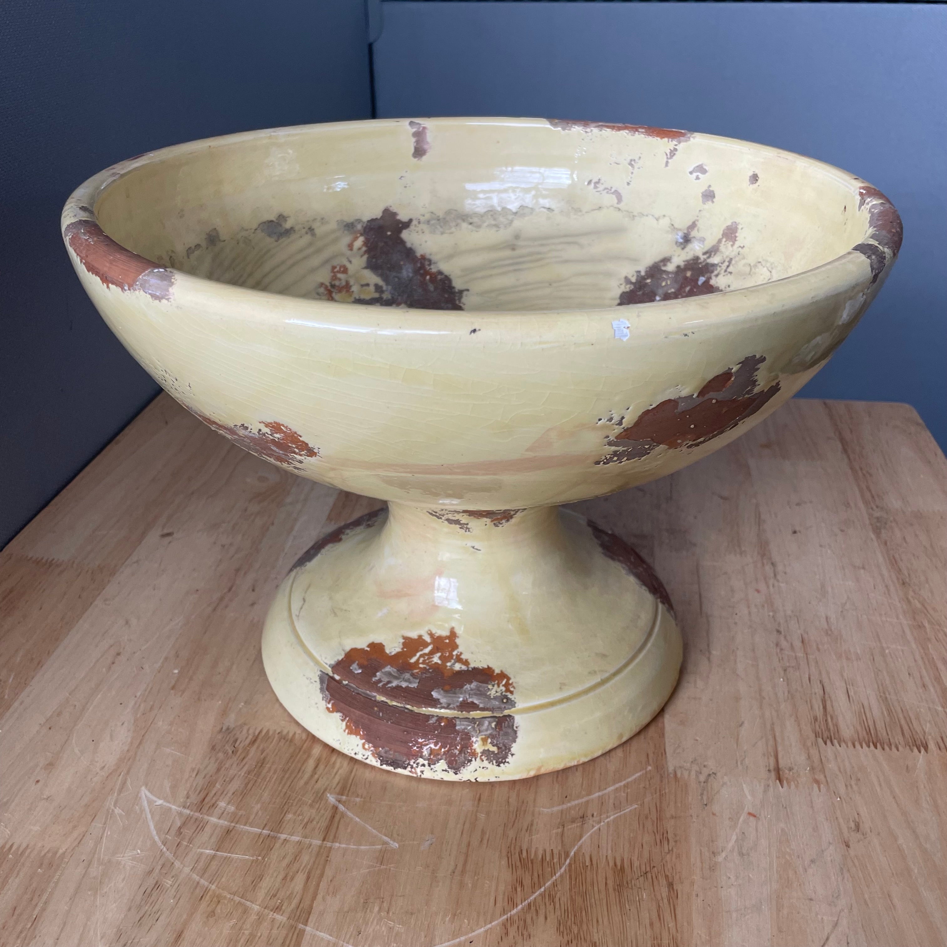 Vintage Fortunata Handcrafted Distressed Yellow Glaze Compote, Made in Italy