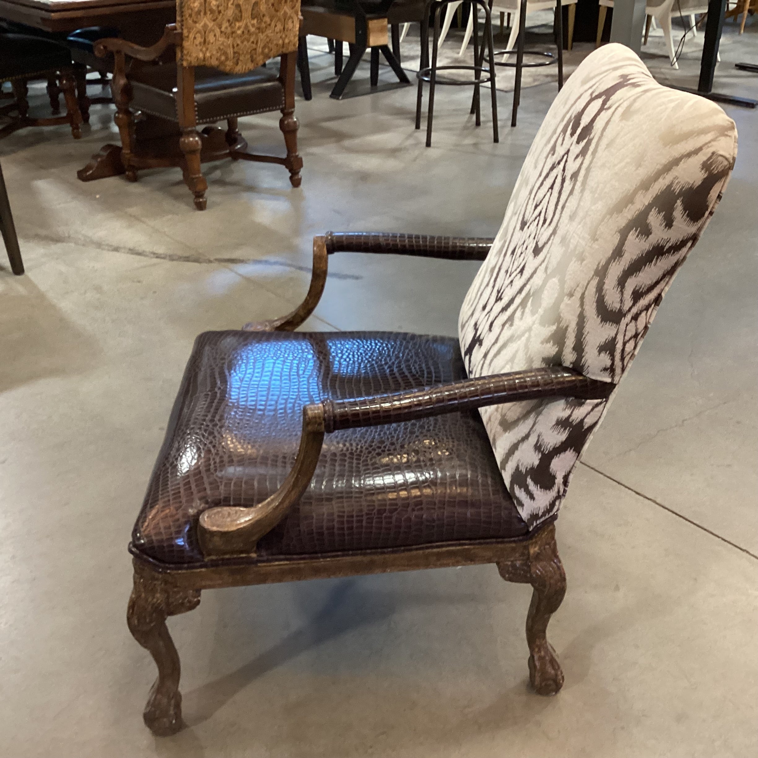 ARA Collection Croc Style Leather Raised Ivory Velvet & Brown Metallic Woven with Crackle Finish Claw & Ball Carved Wood Chair 29"x 32"x 39"