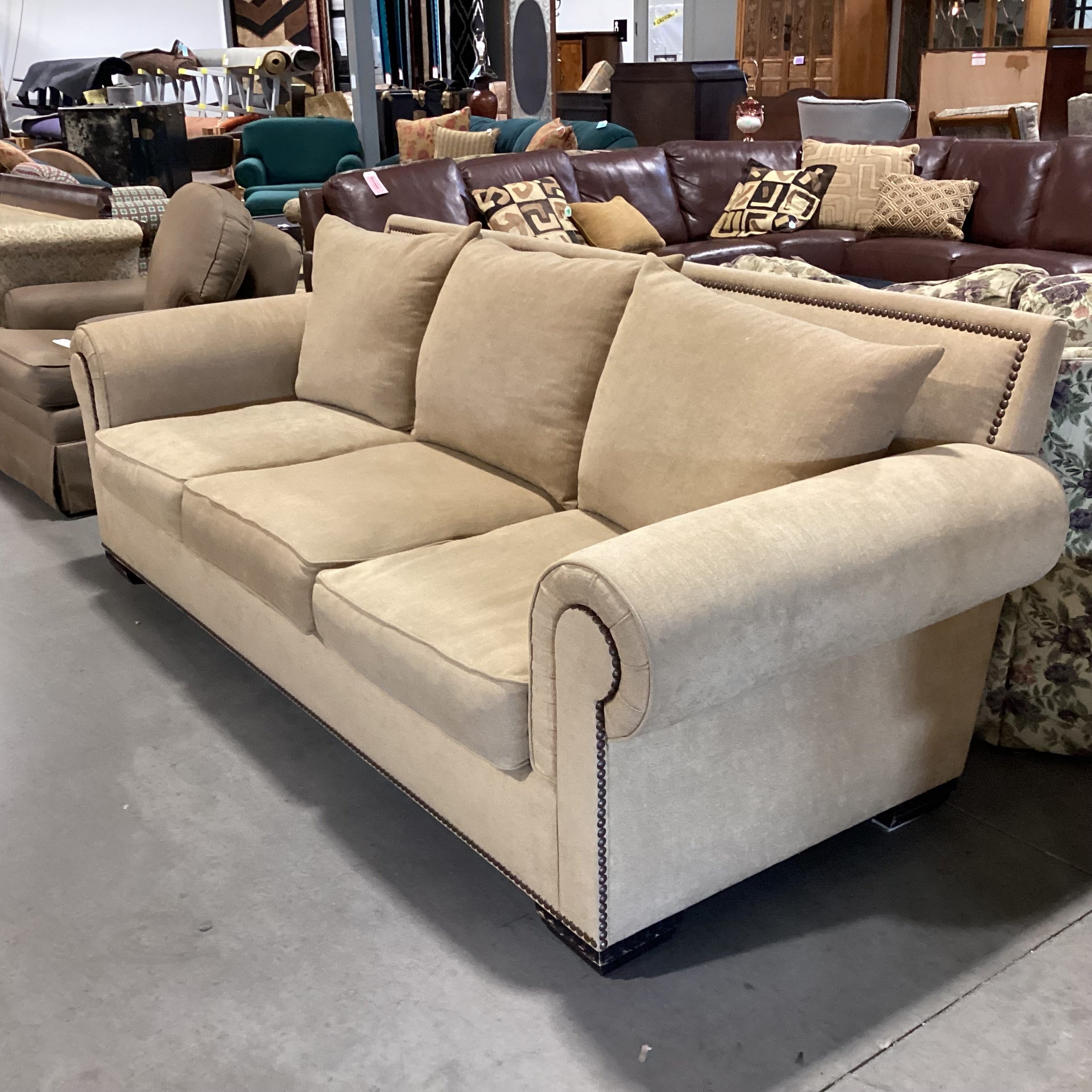 Rene Cazares Golden Tan Nailhead Down Mix Sofa 96"x 31"x 45"