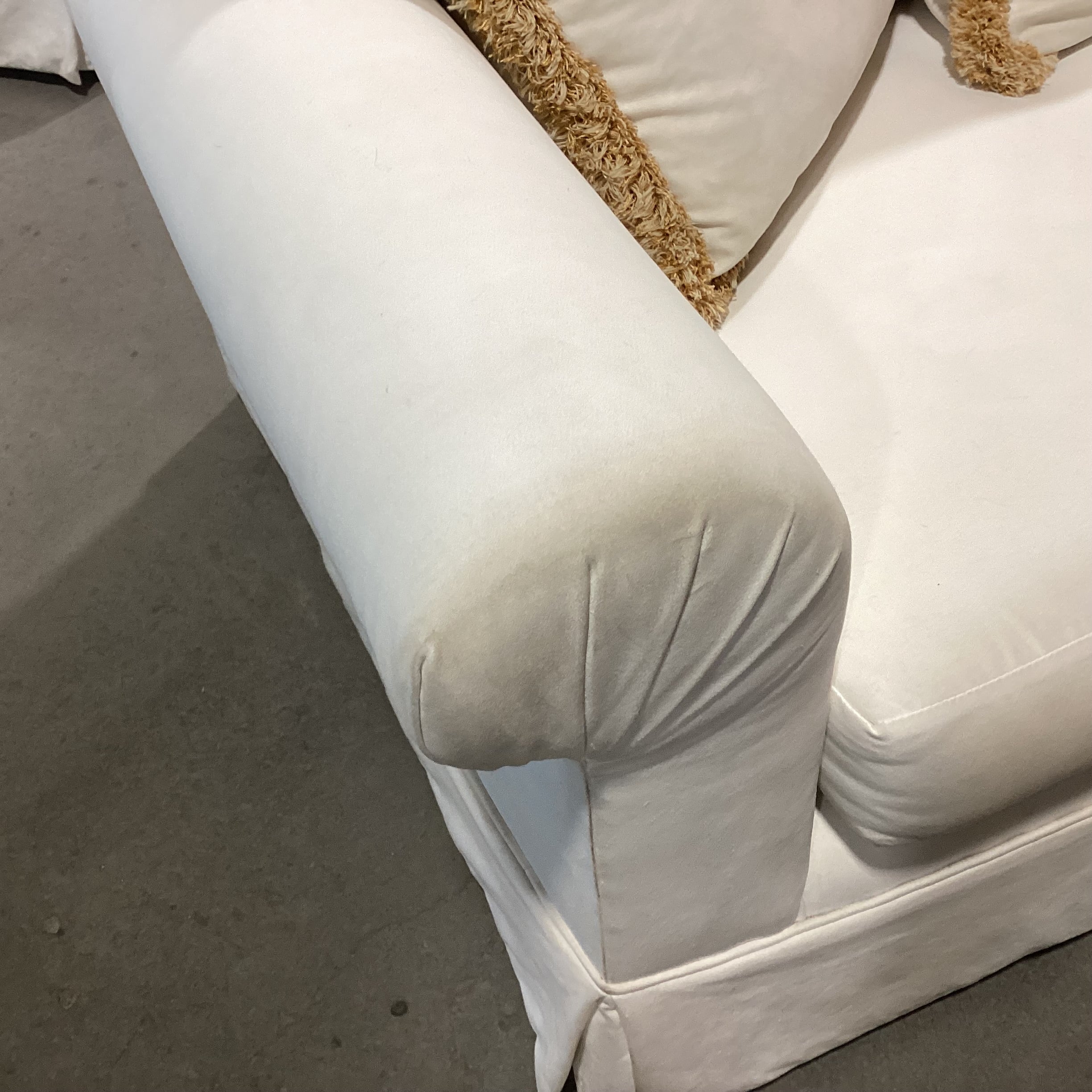Custom Cream with Gold Tan Fringe Down Mix Roll Arm Sofa 85"x 40"x 31"