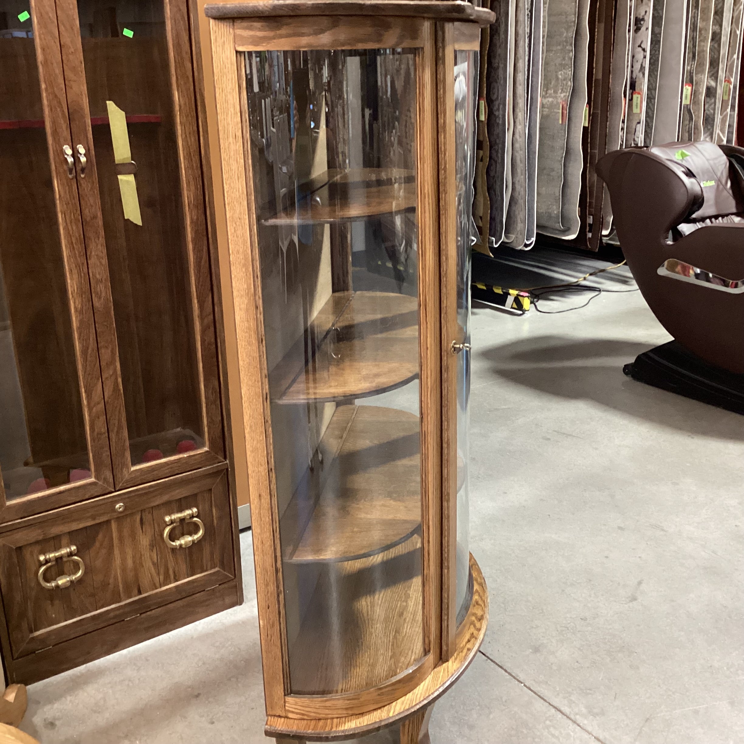 Antique Oak & Glass Curved Front with Shelves & 1 Door Display Hutch 35"x 16"x 58"