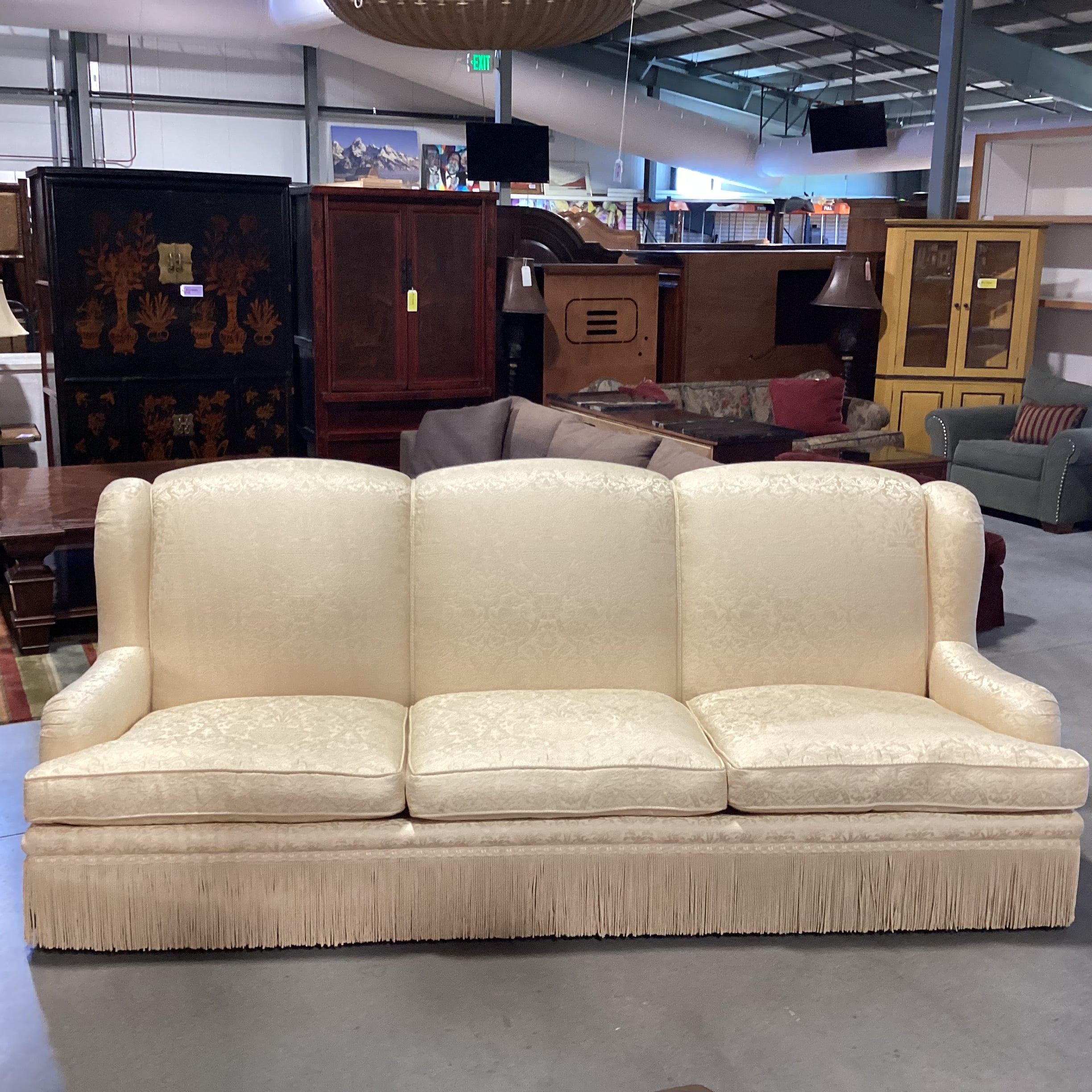 Custom Gold Raised Stitched Floral Urns with Piping & Fringe Down Mix High Back Sofa 102"x 41"x 41"