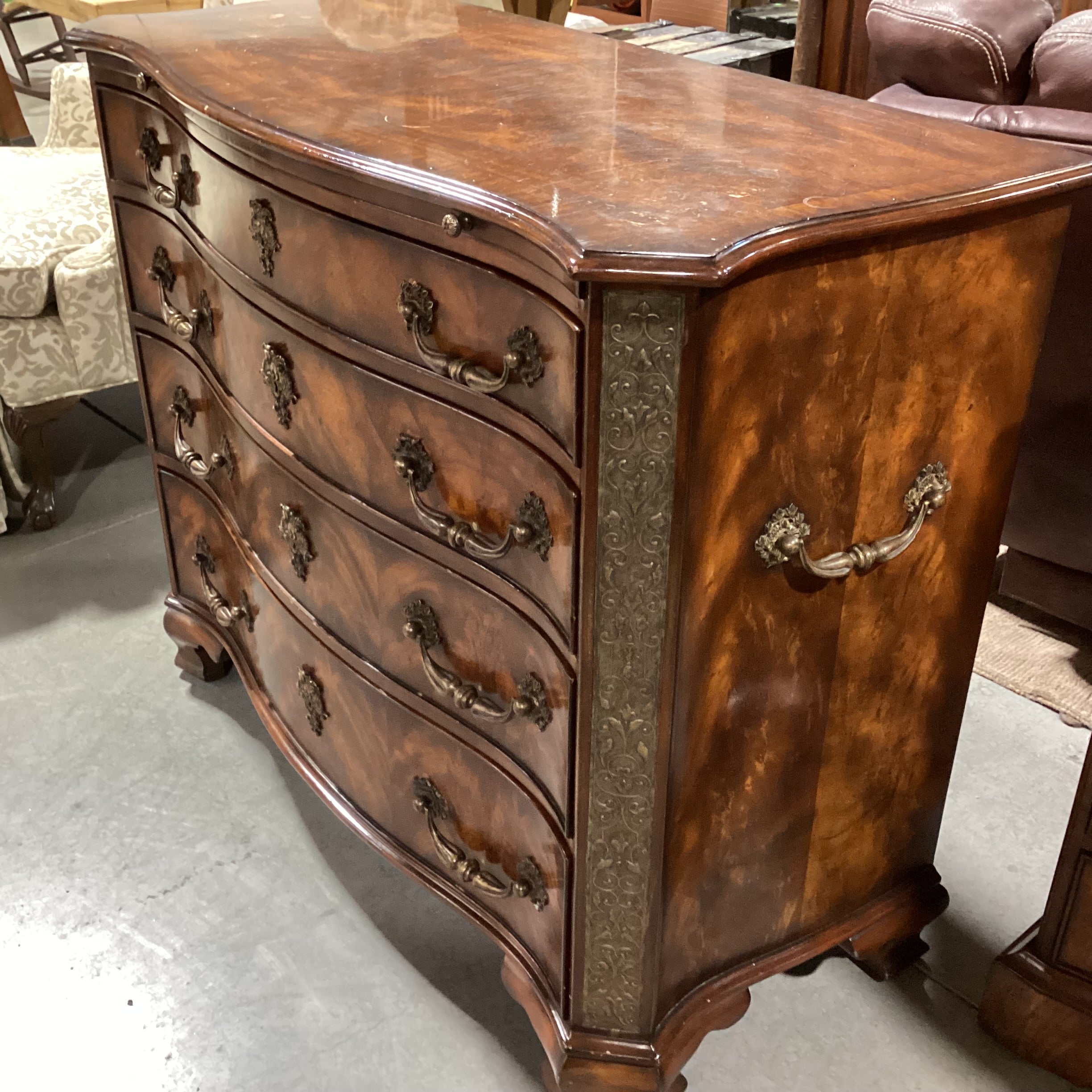 Theodore Alexander Flamed Mahogany Veneer & Carved Wood Ornate Brass Accent 4 Drawer with Leather Top Pullout Chest 43"x 20"x 36"