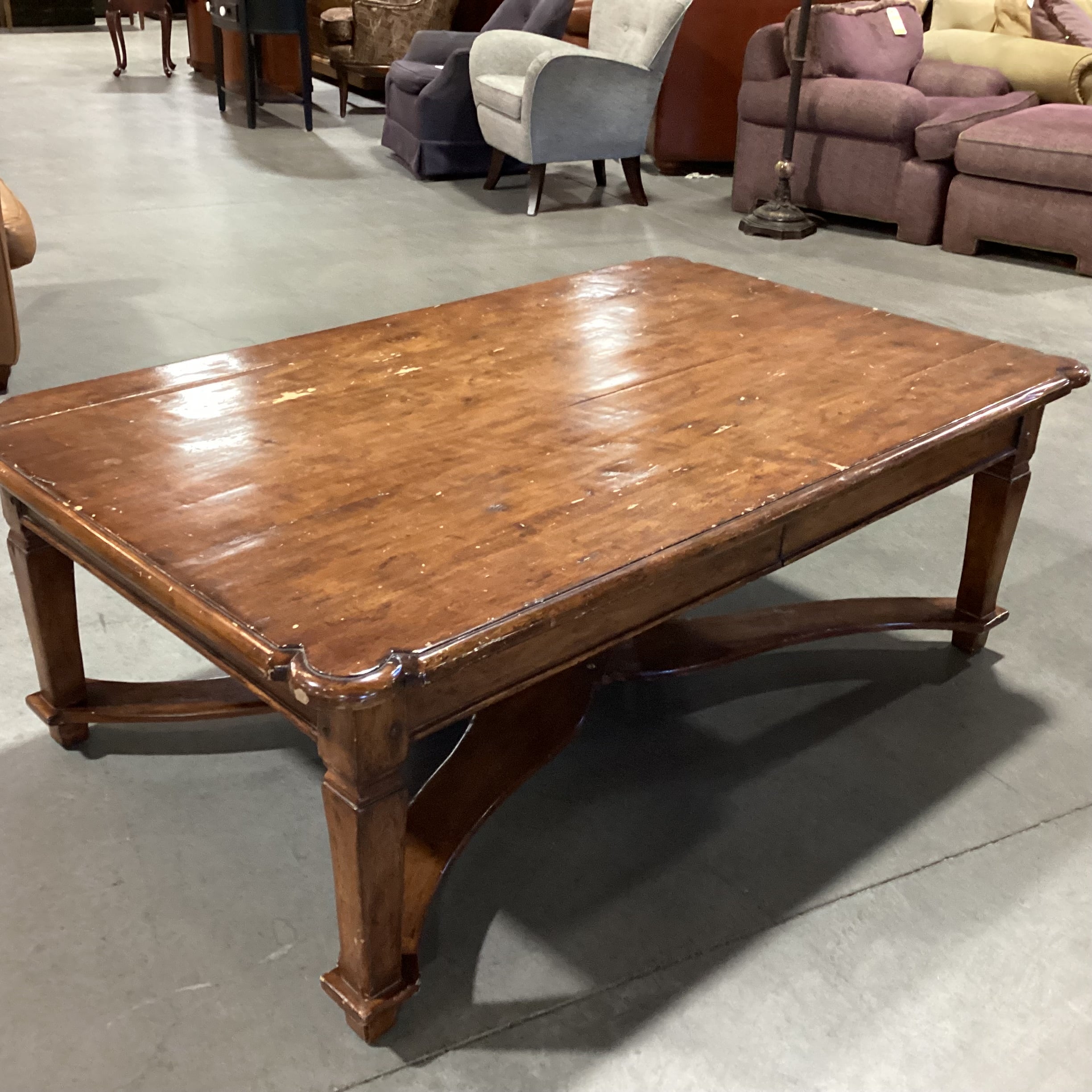 Distressed Finish Ornate Carved Edge & Trestle 2 Drawer Coffee Table 60"x 38"x 22"