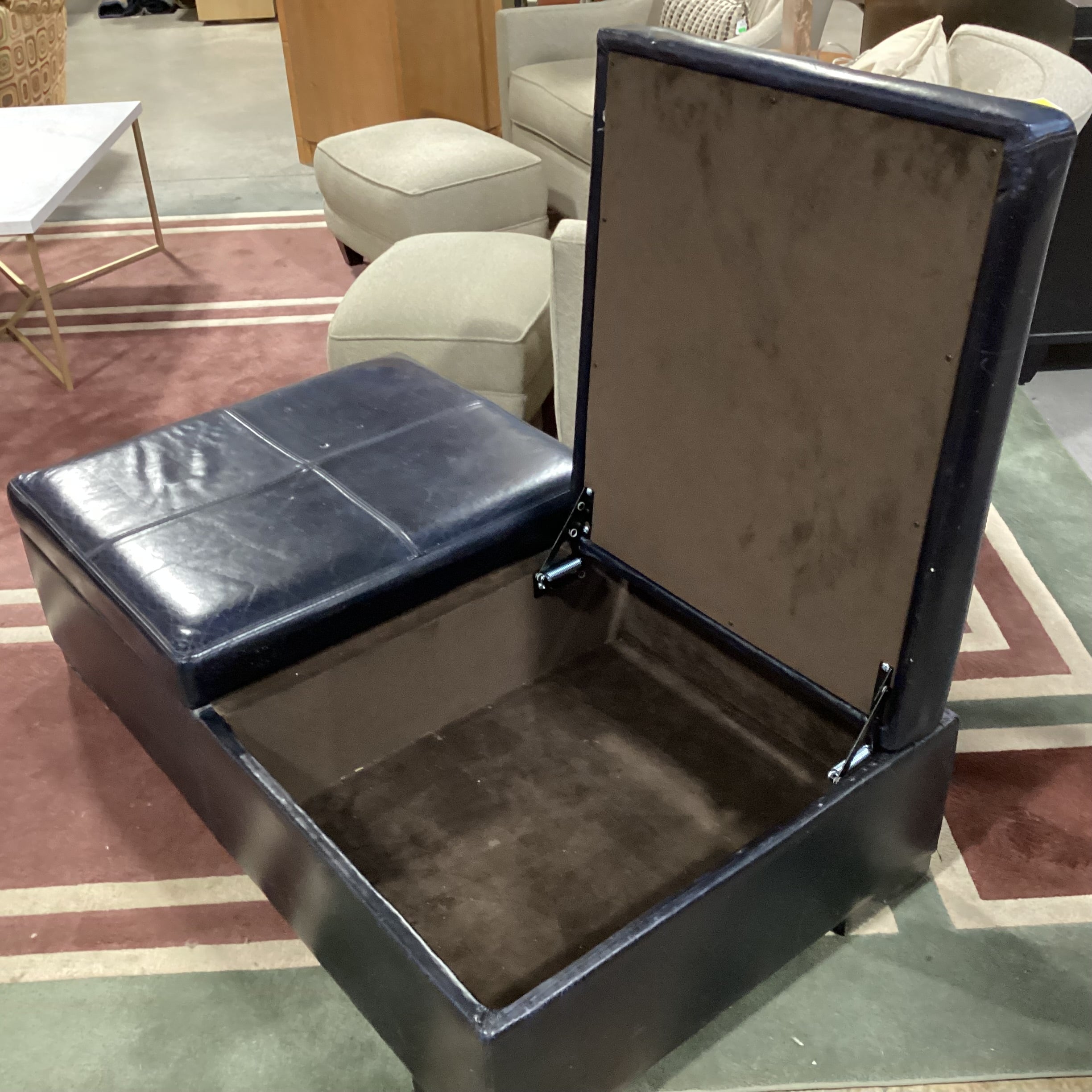 Navy Leather with Storage Bench Ottoman 52.5"x 30"x 16"